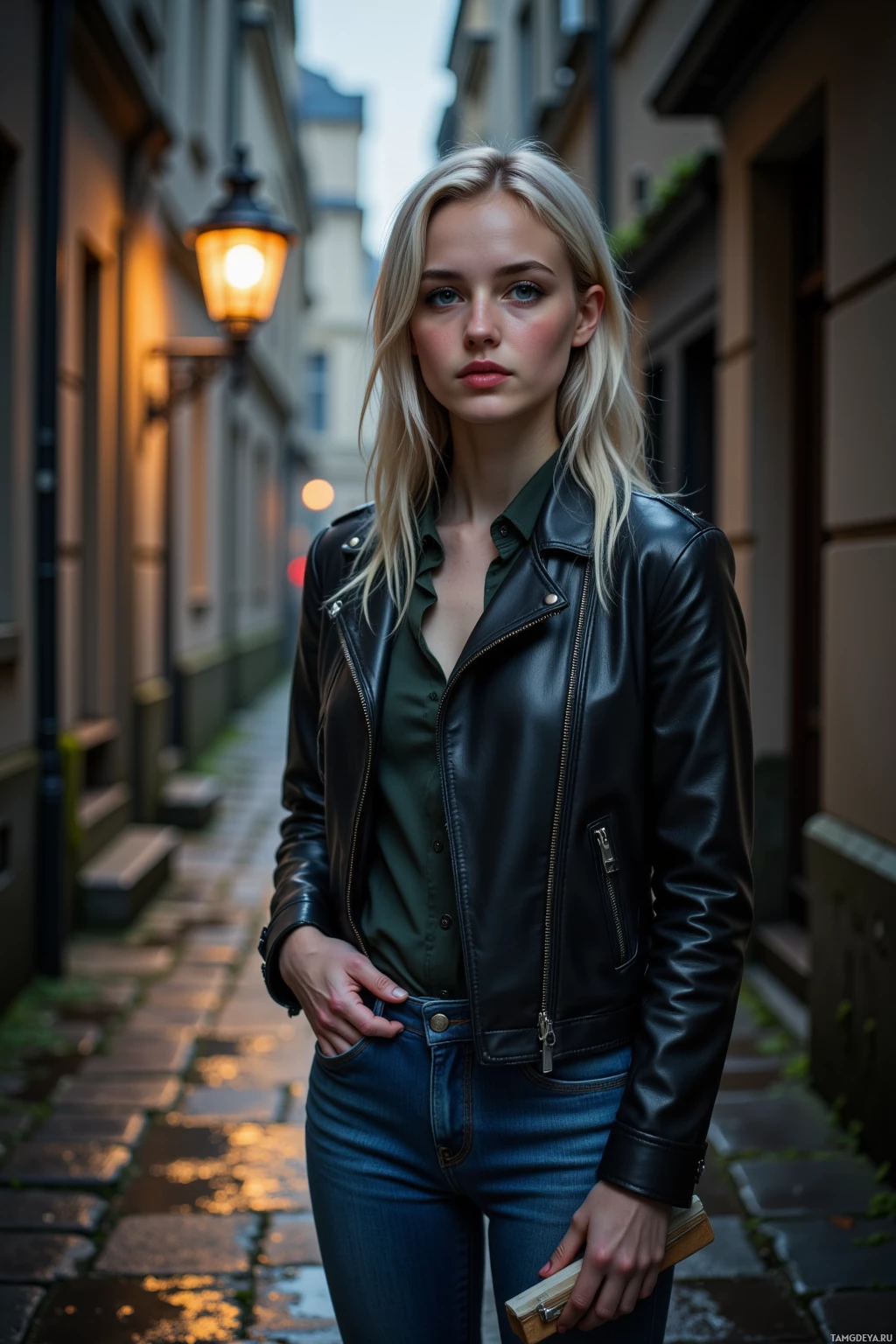 A woman stands in a dimly lit alleyway, wearing a black leather jacket and holding a small book.