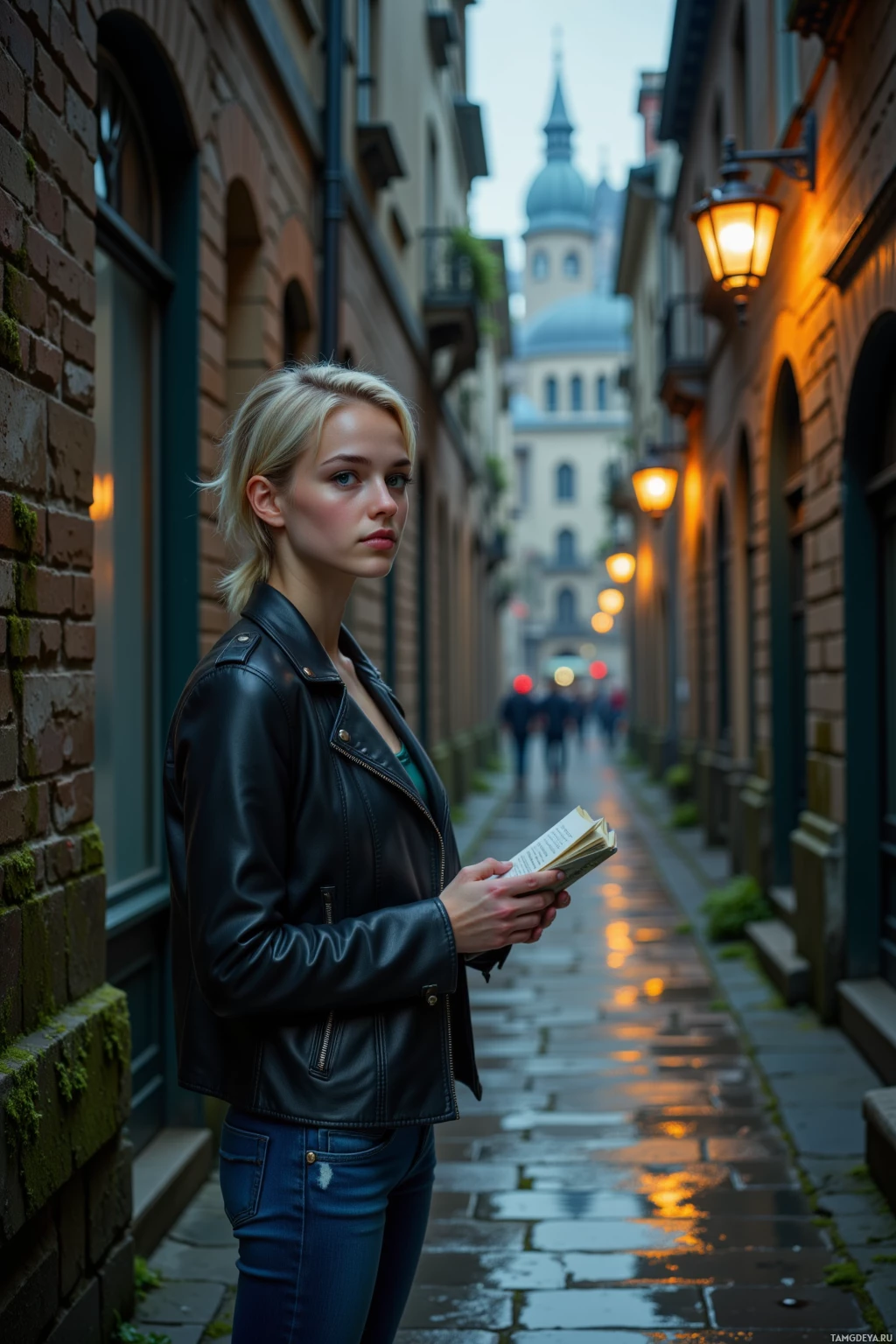 A woman stands in a narrow alleyway, holding a book, with a church spire visible in the background.
