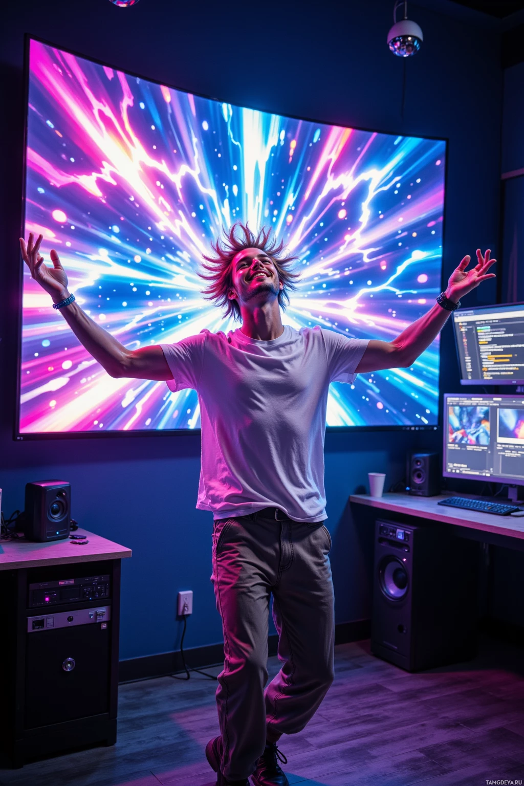 A person stands in a room with a vibrant, colorful display behind them, arms outstretched.