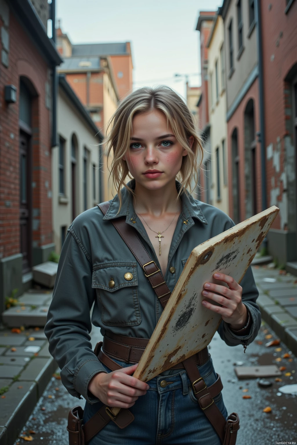 A person stands in an alleyway holding a weathered board, wearing a utility jacket and jeans.