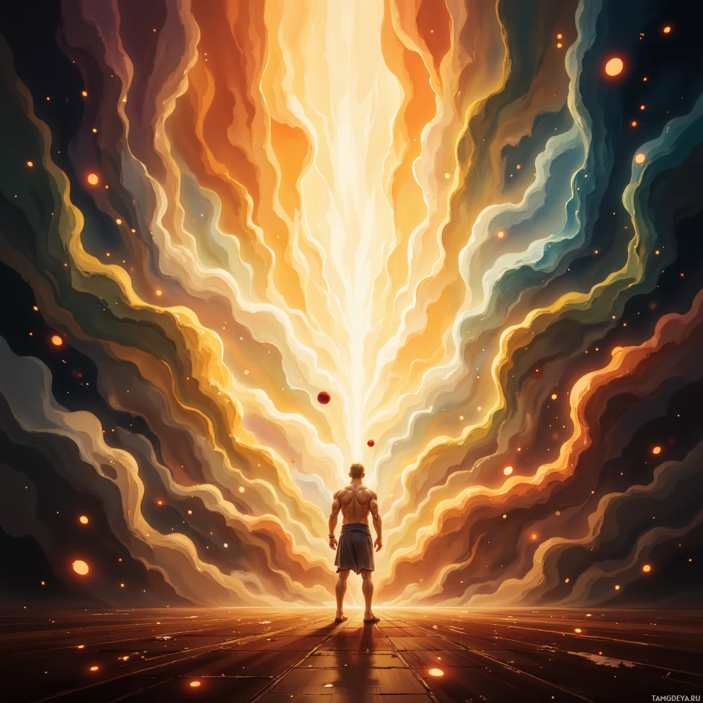 A figure stands before a radiant, ethereal light with swirling patterns and glowing particles.