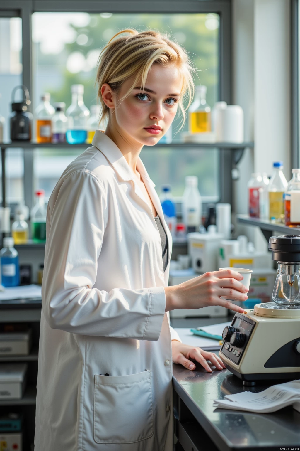 A woman in a lab coat stands in a laboratory setting, holding a cup.