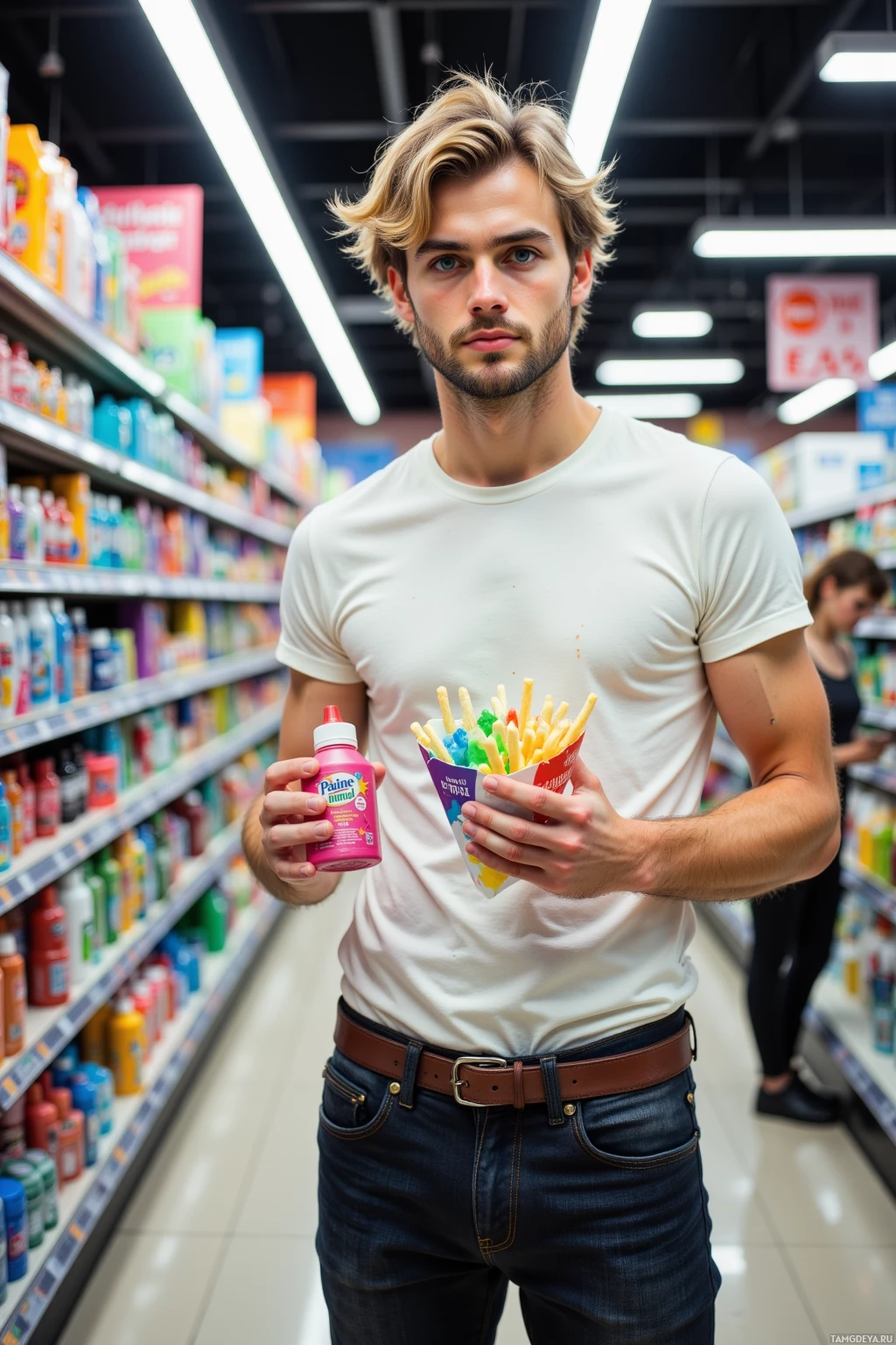 A man in a white t-shirt and jeans holds a bottle of sauce and a bag of colorful fries in a grocery store aisle.