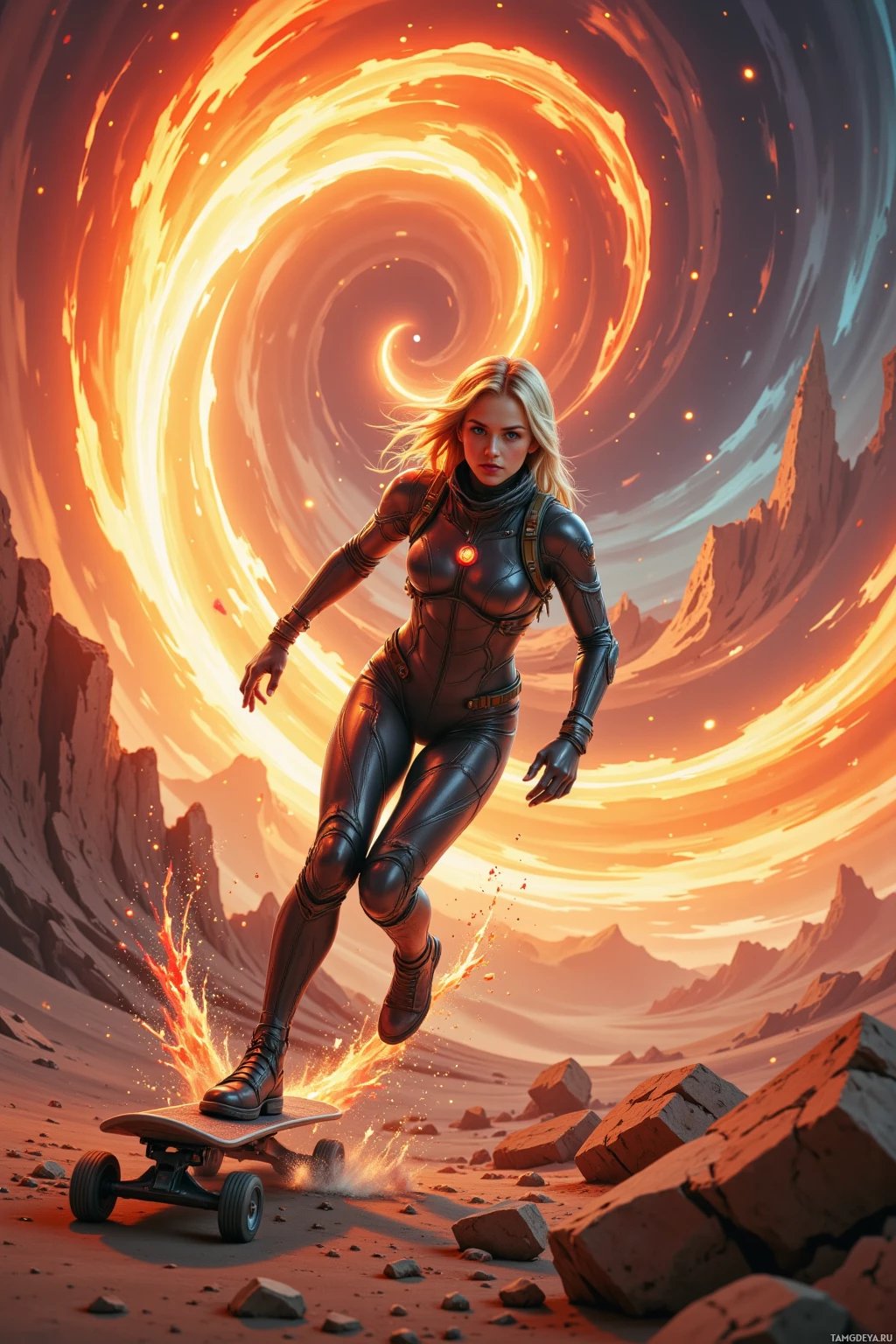 A futuristic woman skateboards through a fiery, swirling vortex in a desert landscape.