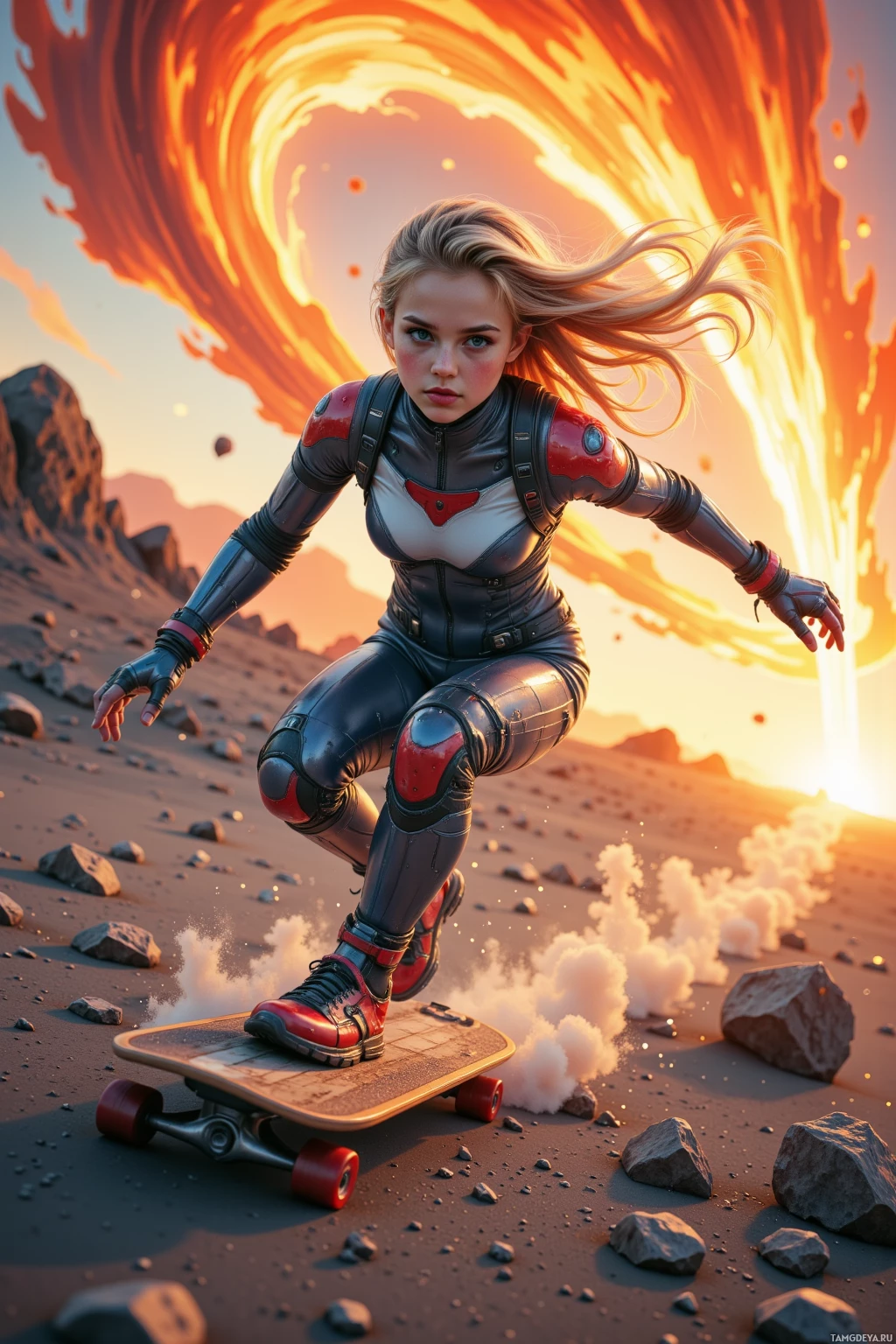 A person in a futuristic outfit rides a skateboard through a desert landscape with a fiery sky.