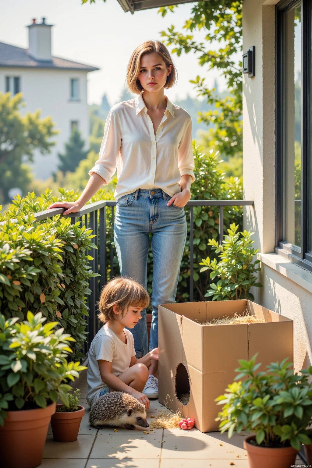 A woman and a child on a balcony interacting with a hedgehog near a cardboard box.