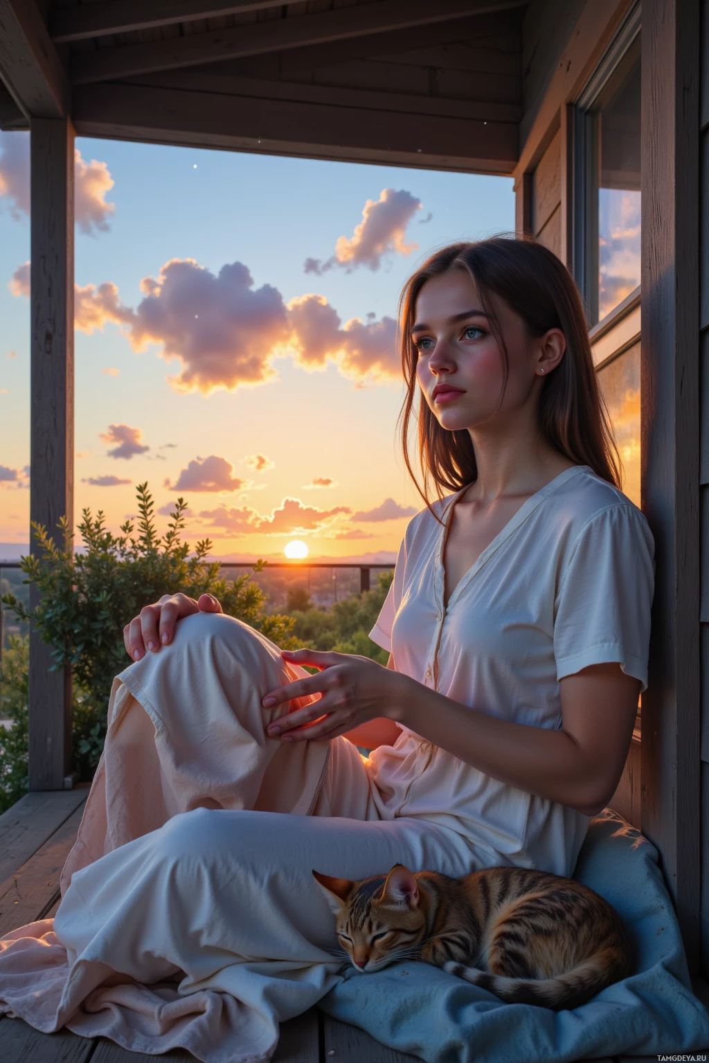 A woman sits on a porch with a cat, gazing at a sunset.