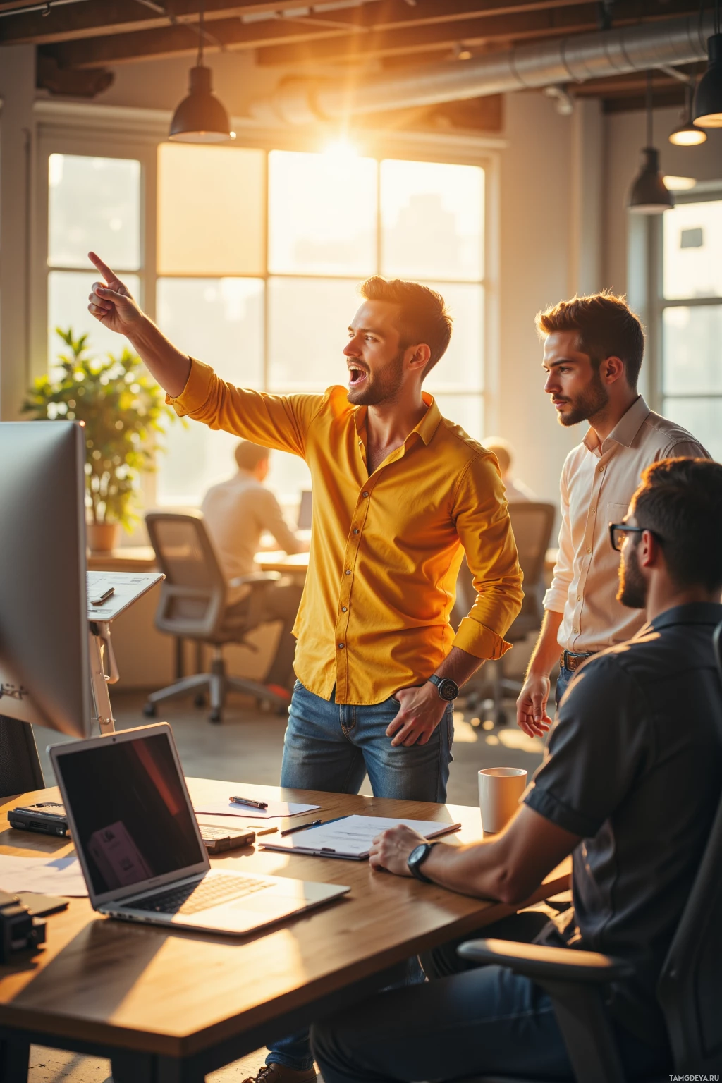 Three individuals are engaged in a discussion in a modern office setting with sunlight streaming through the windows.