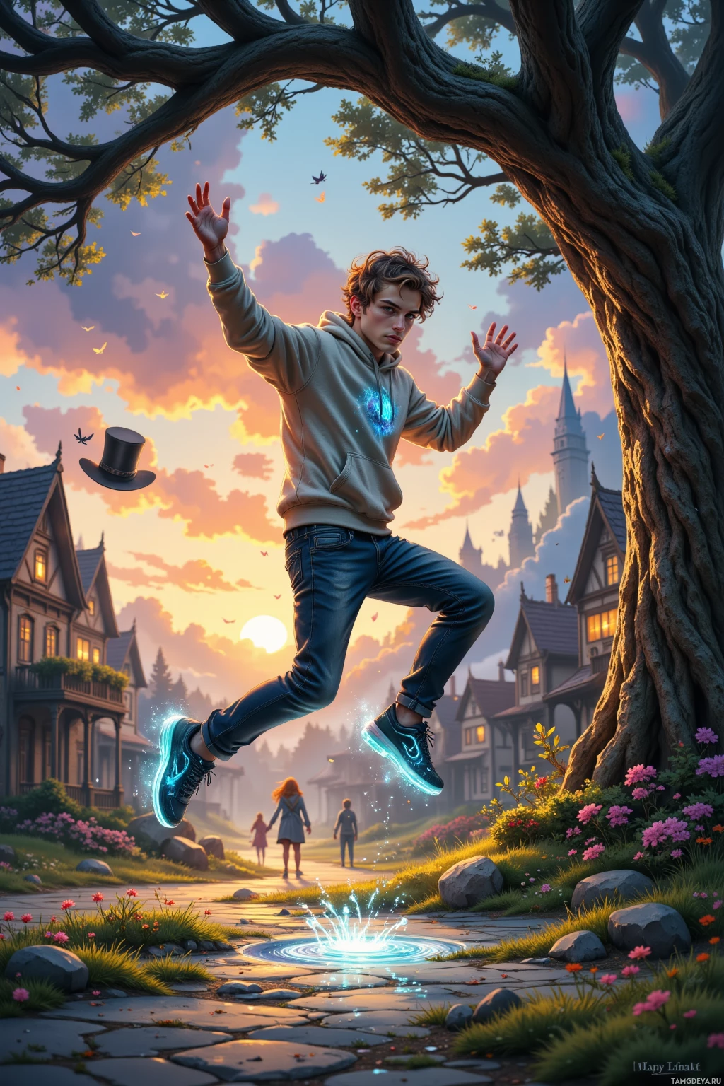 A young man in a hoodie and jeans leaps joyfully in a picturesque village setting with a large tree and a castle in the background.