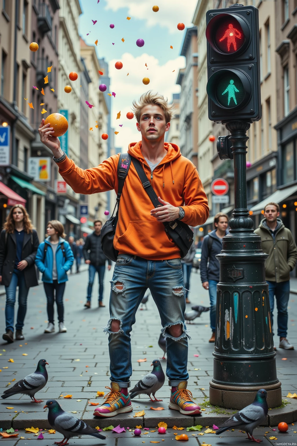 A person in an orange hoodie and ripped jeans stands on a city street with pigeons and colorful confetti around.