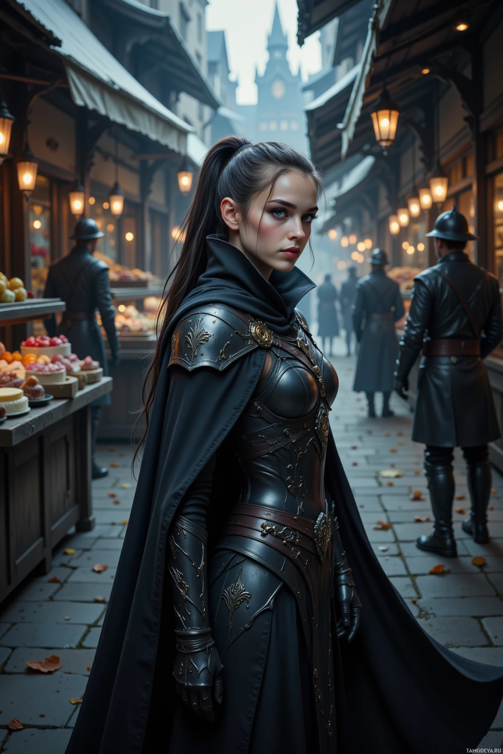 A woman in dark, ornate armor stands in a medieval marketplace.