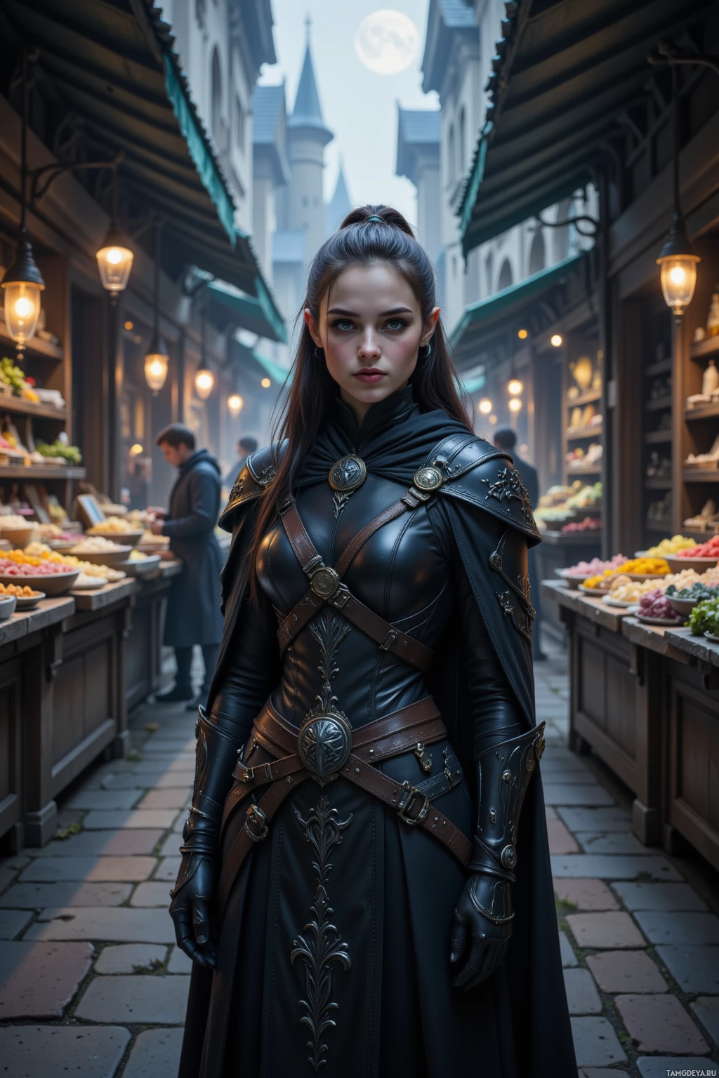 A woman in a dark, ornate outfit stands in a medieval marketplace.