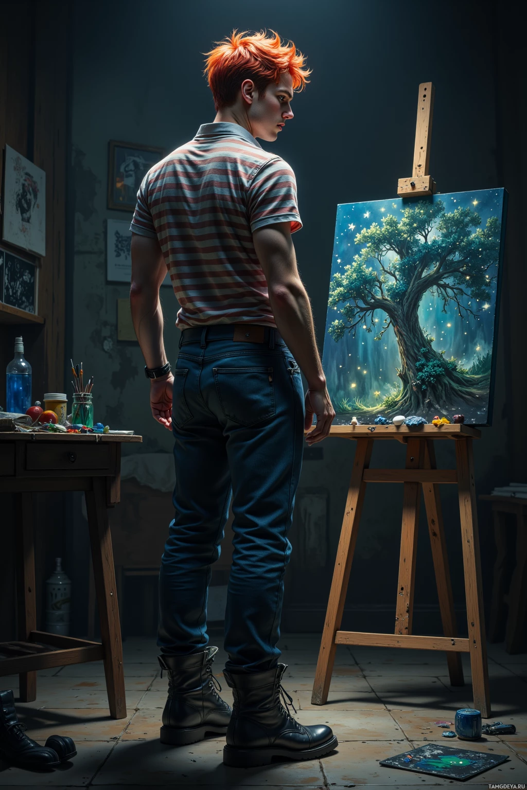 A person in a striped shirt and jeans stands in front of an easel, gazing at a painting of a tree with glowing lights.