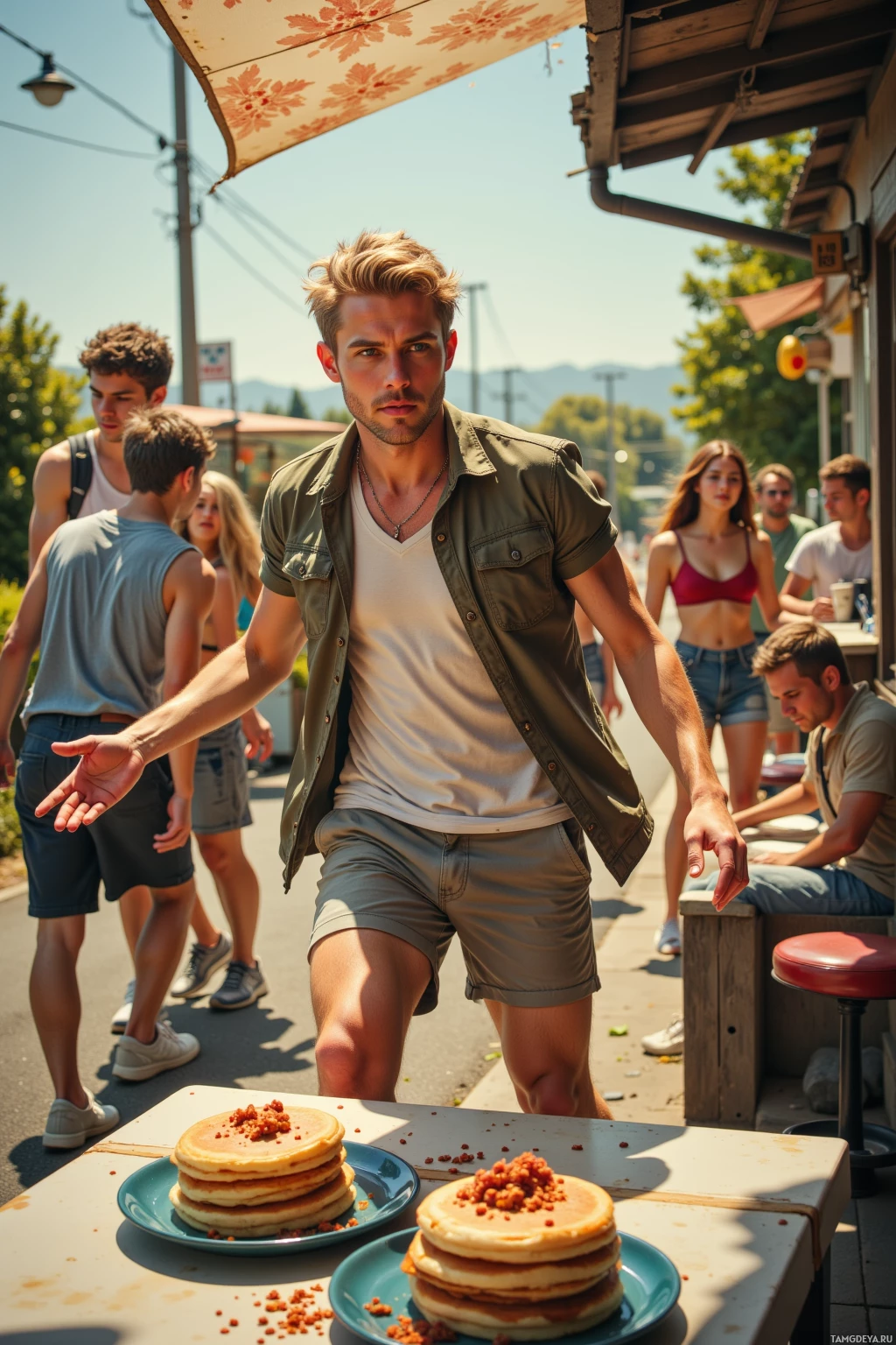 A man in a casual outfit stands in front of a table with plates of pancakes.