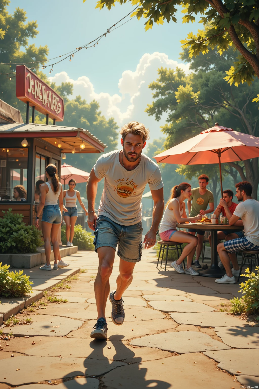 A man in a white t-shirt and denim shorts walks on a stone path near a café with outdoor seating.
