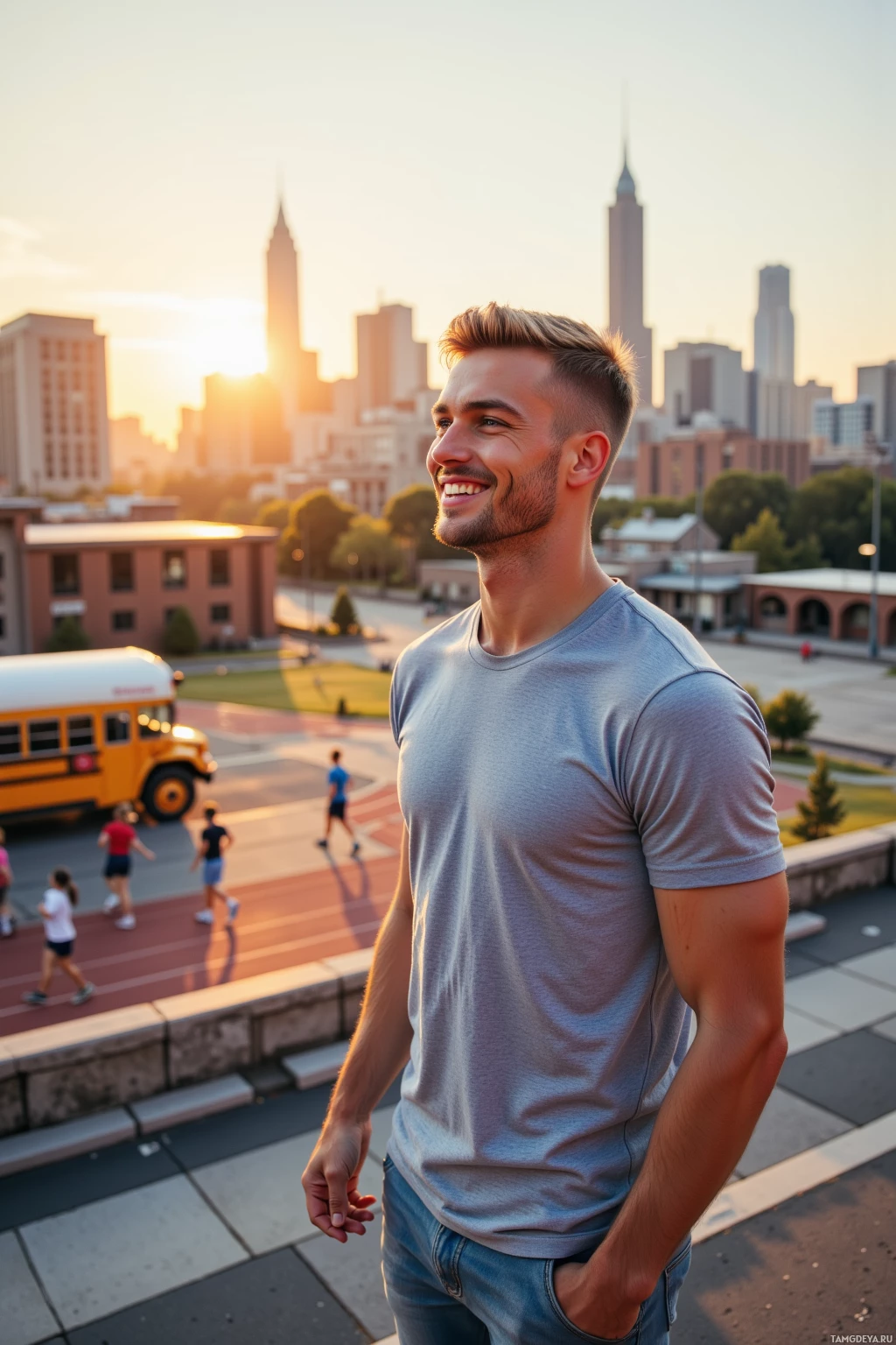 A man in a gray t-shirt and jeans stands on a rooftop with a cityscape and sunset in the background.