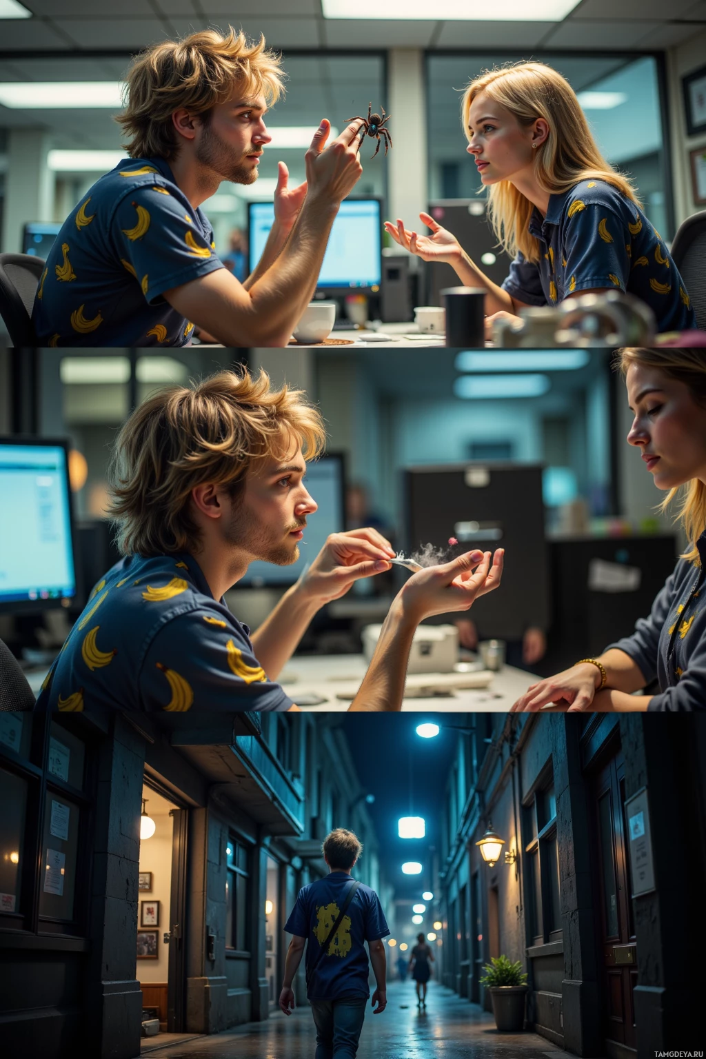 Two individuals in an office setting, one holding a spider, and a scene of a person walking down a dimly lit alleyway.