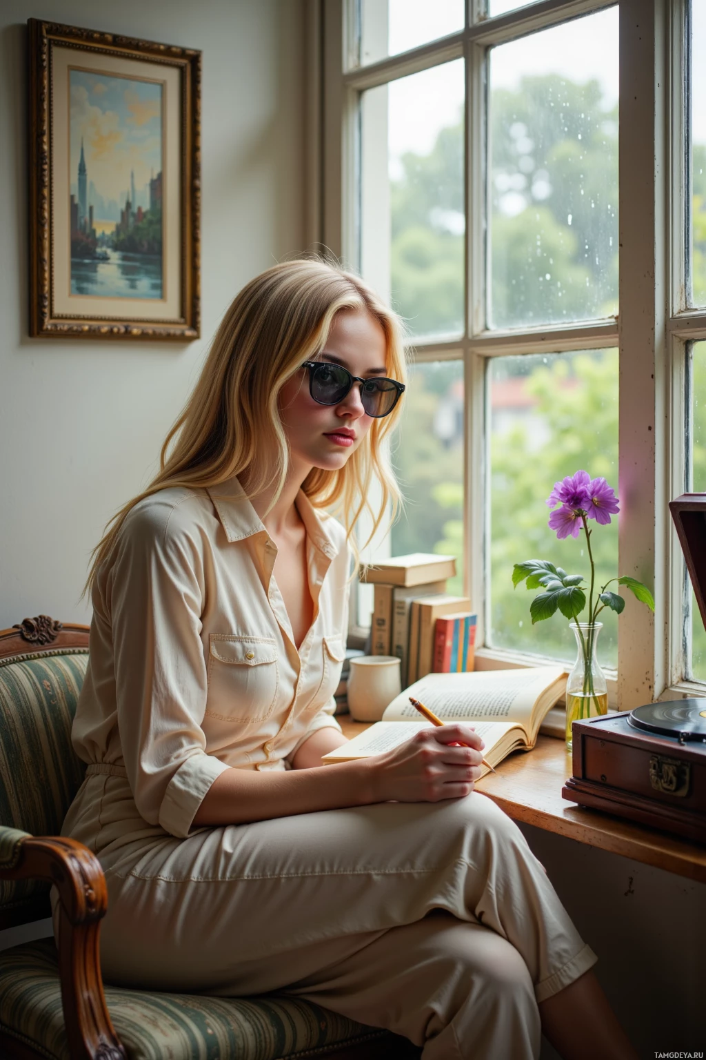 A woman sits by a window, writing in a notebook with a pen.