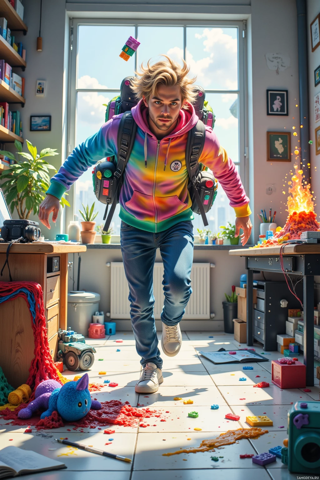 A person in a colorful hoodie and backpack stands in a room with scattered toys and a messy floor.