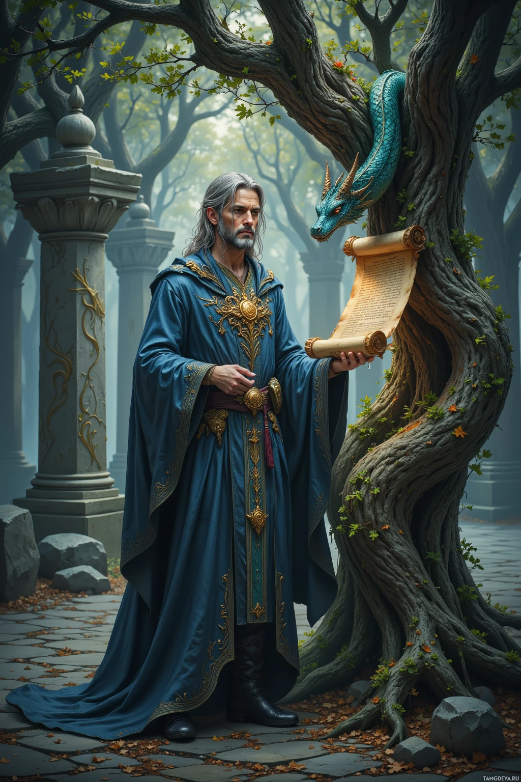 A man in a blue robe stands beside a tree with a dragon perched on its branch, holding a scroll.