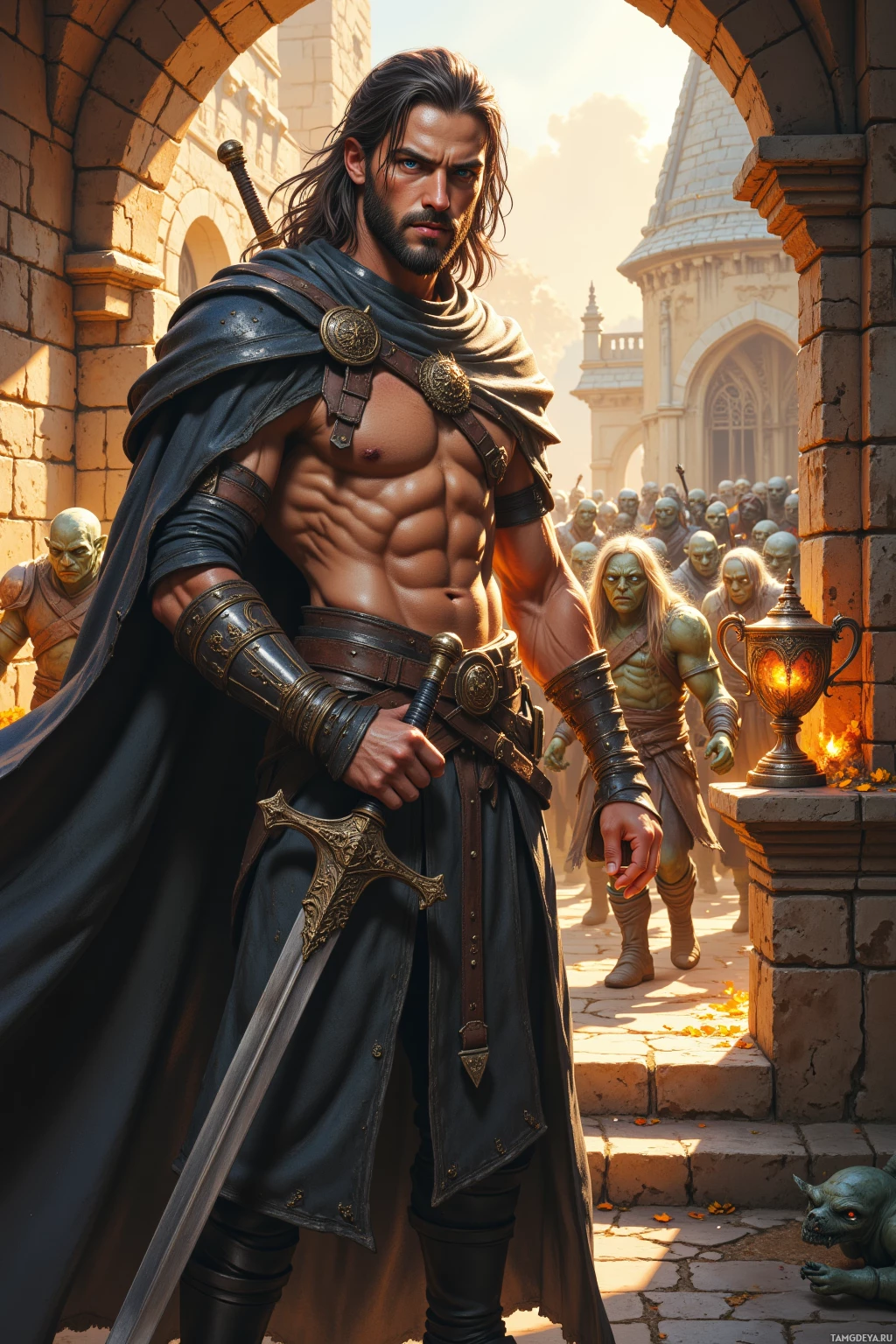A muscular man in armor stands in front of a castle, holding a sword, with a group of goblins in the background.