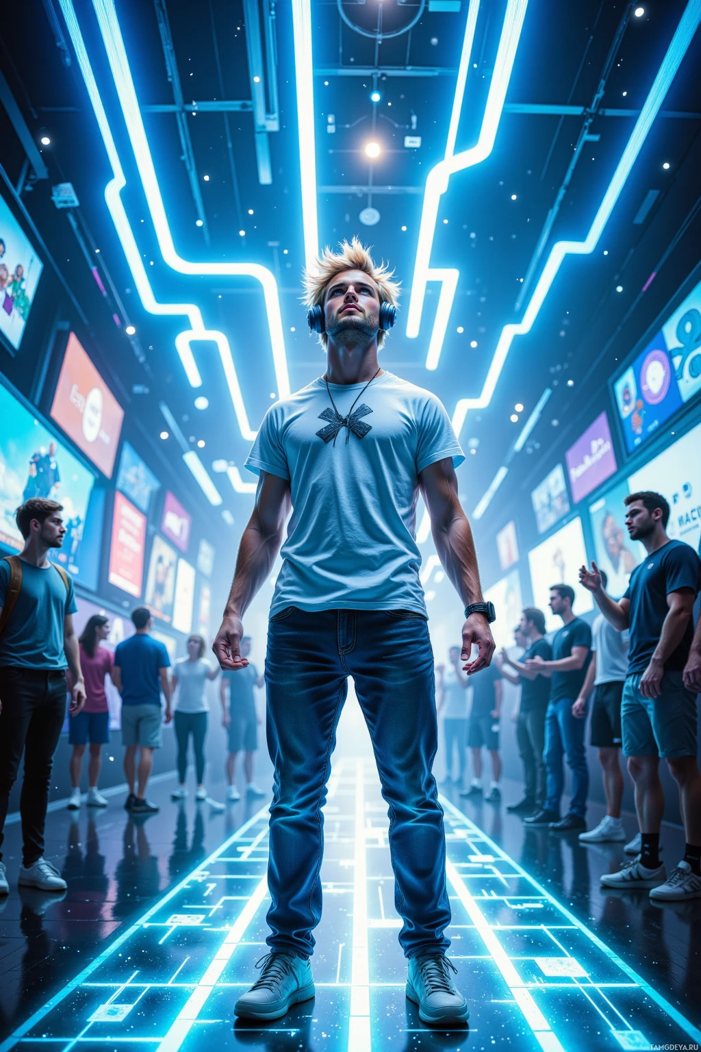 A person stands in a futuristic, neon-lit corridor surrounded by others.