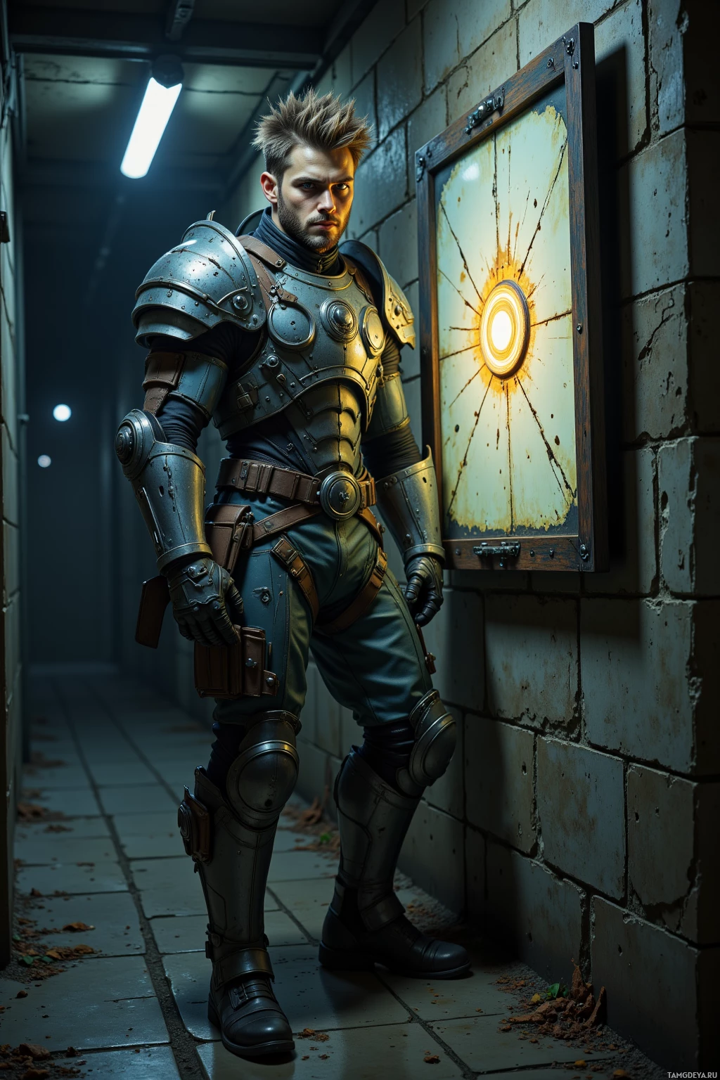 A person in detailed, futuristic armor stands in a dimly lit corridor.