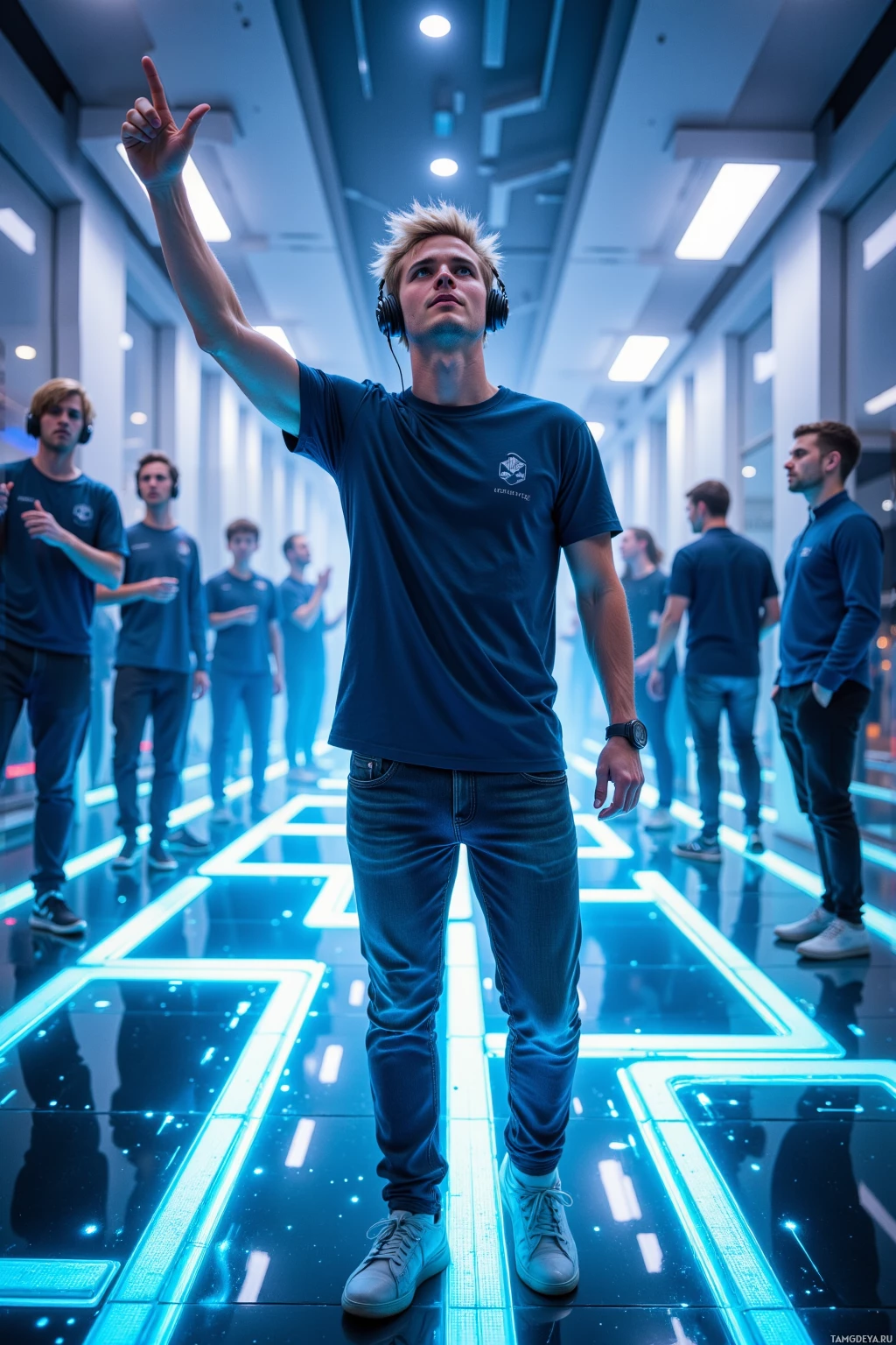 A person in a futuristic corridor with illuminated lines and others in the background.