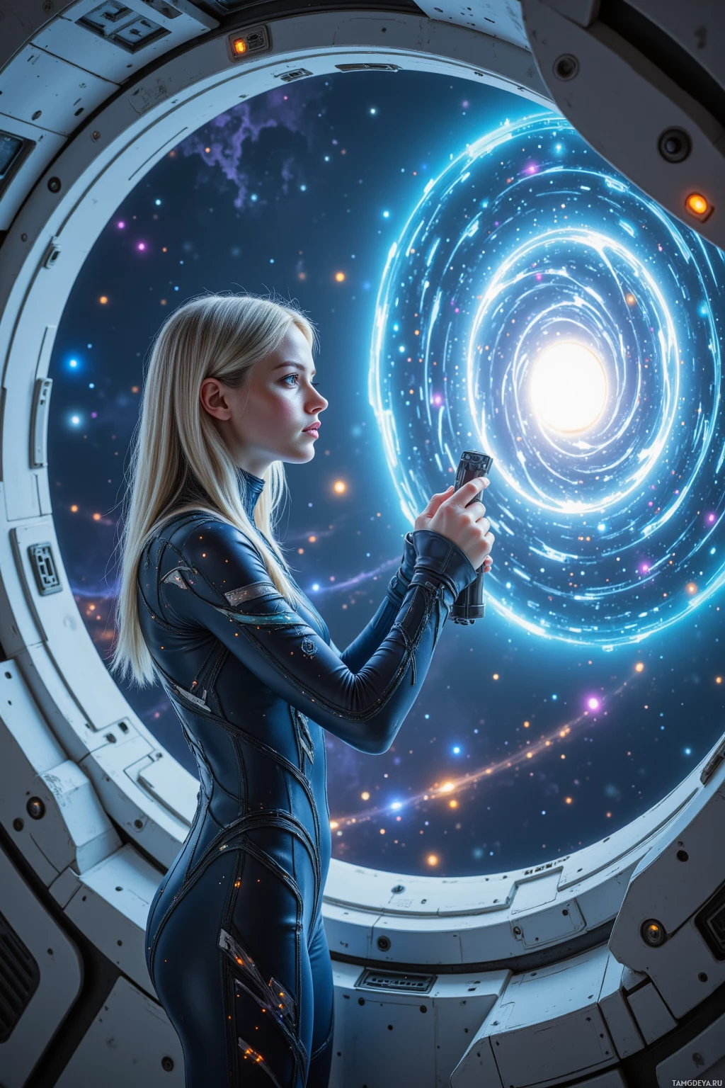 A person in a futuristic space suit stands inside a spacecraft, gazing at a glowing, swirling portal in the vastness of space.