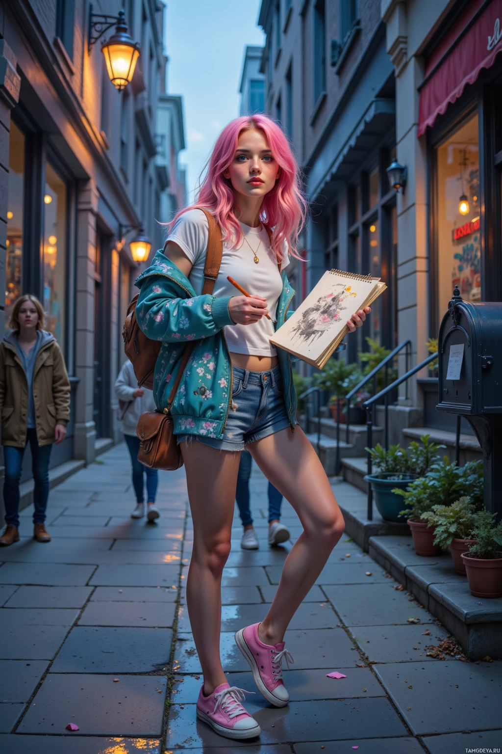 A young woman with pink hair walks down a street holding a sketchbook and wearing a floral jacket and pink sneakers.