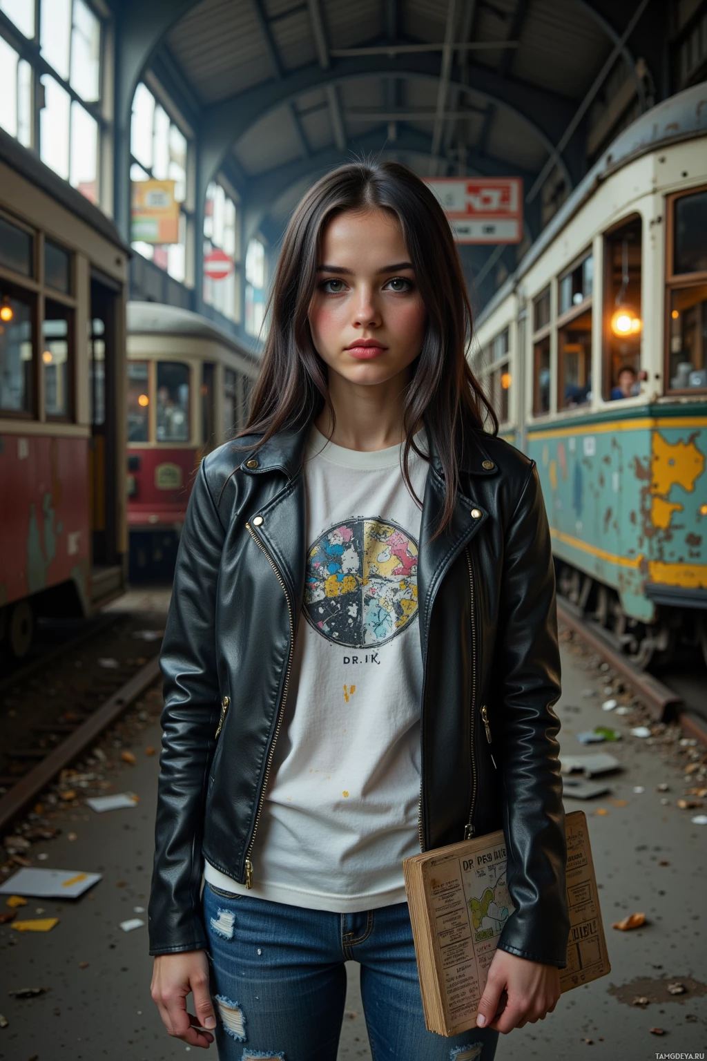 A young woman stands in a train station, wearing a leather jacket and holding a book.