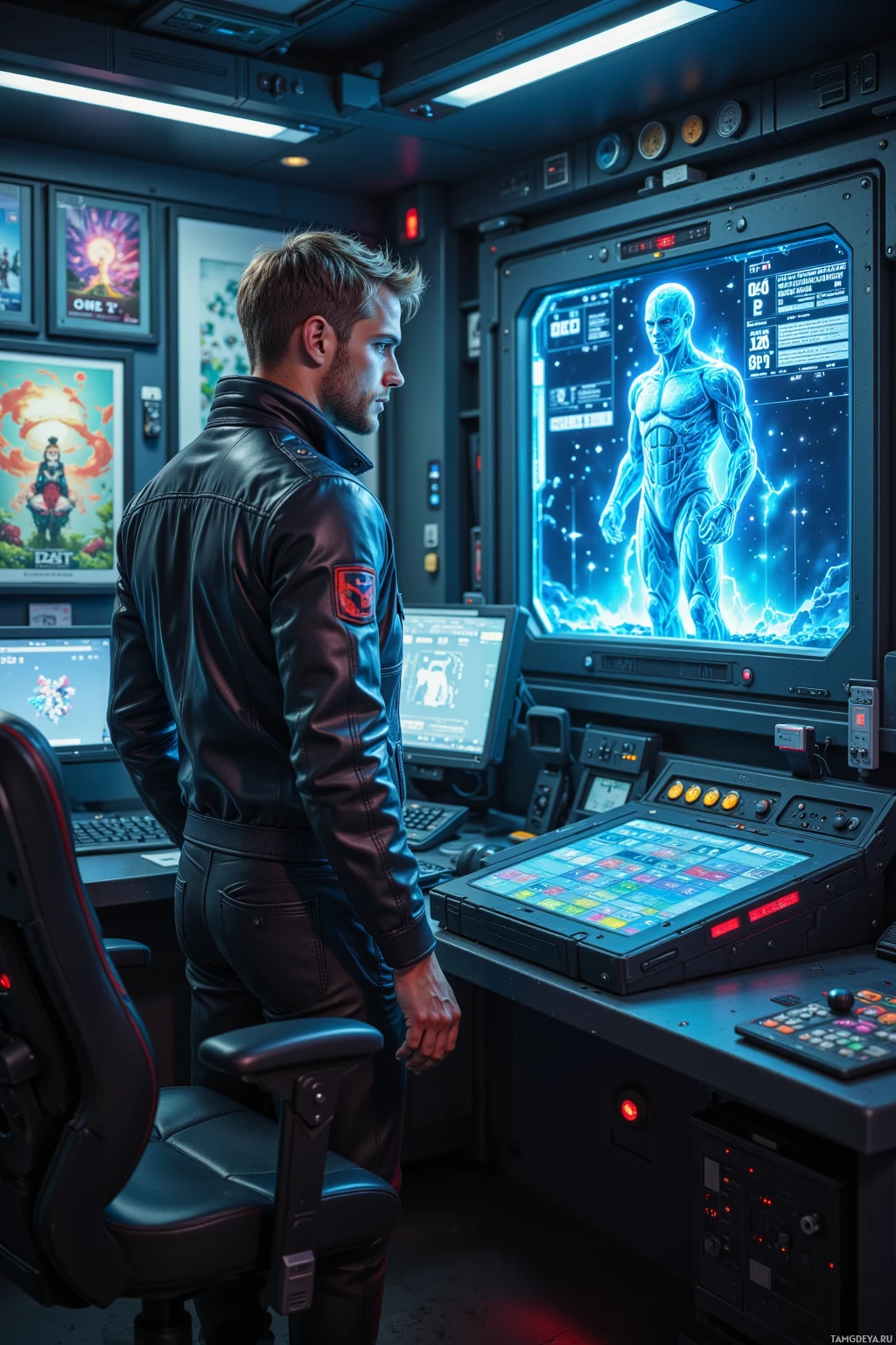 A man in a leather jacket stands in a futuristic control room, observing a glowing holographic display.
