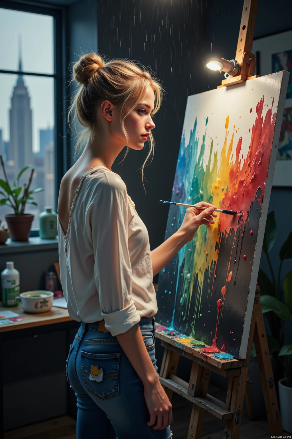 A woman paints a vibrant abstract artwork on an easel in a studio with a cityscape view.