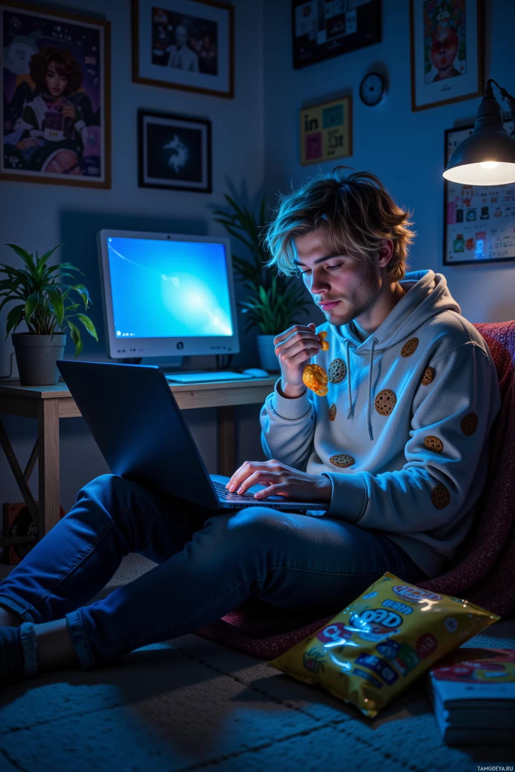 A person is sitting on a couch, using a laptop and eating snacks in a cozy room with framed pictures on the wall.