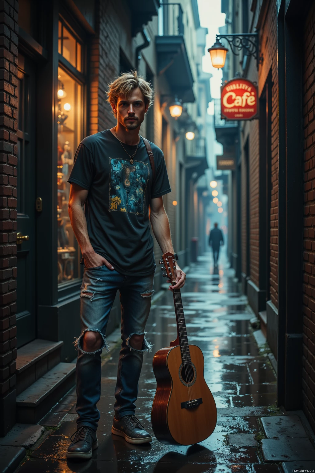 A man stands in a narrow alleyway holding a guitar, wearing a graphic t-shirt and ripped jeans.