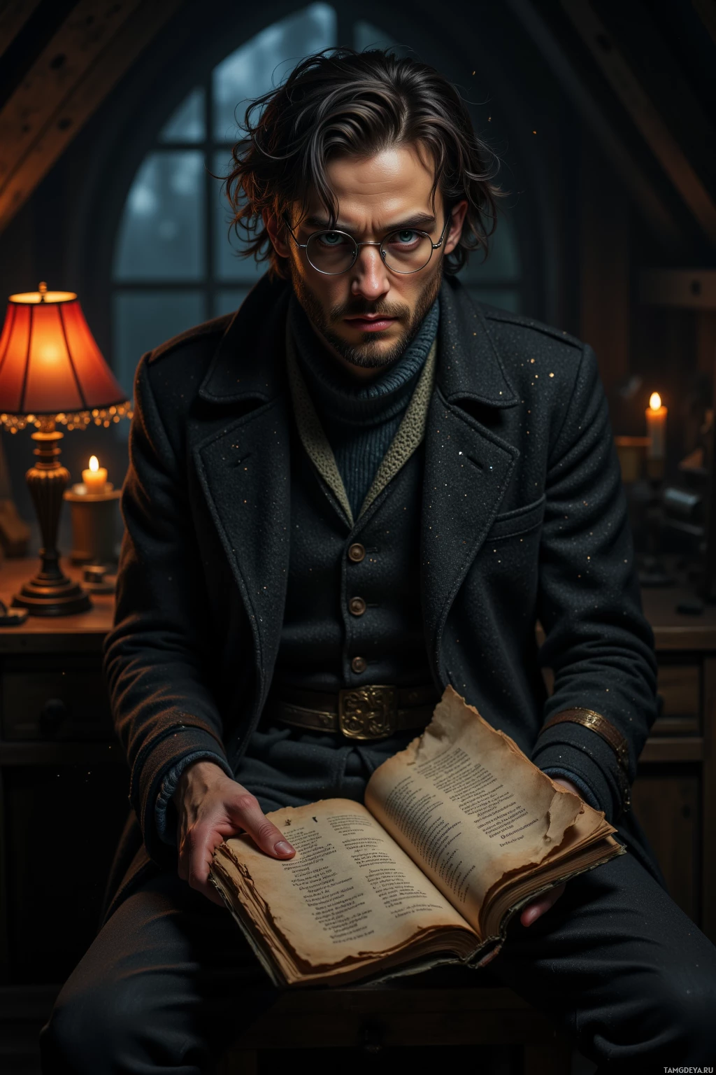 A man in a dark coat sits holding an open book, with a lamp and candle in the background.