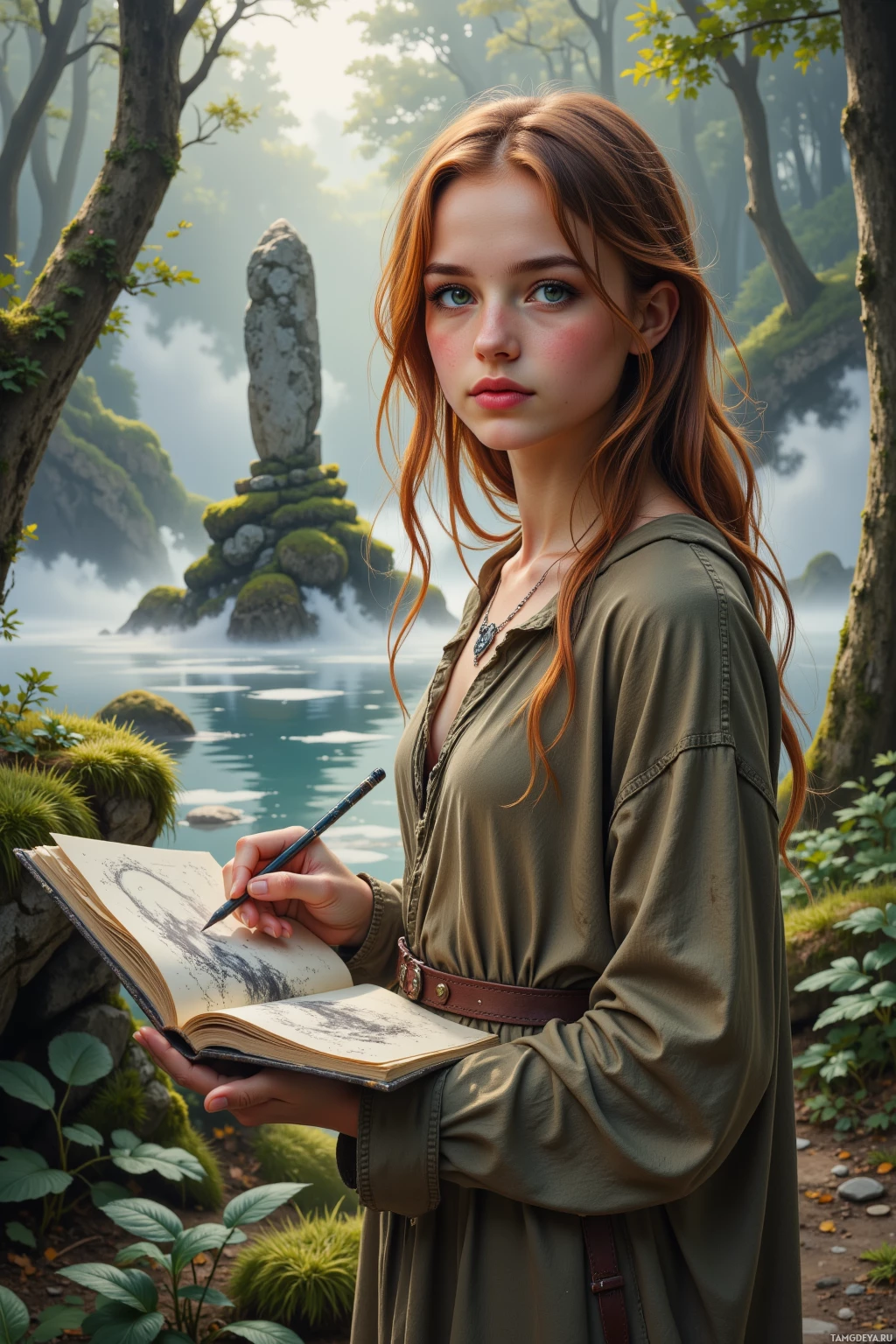 A woman in a green dress holding a book and a pencil, standing in a serene forest setting.