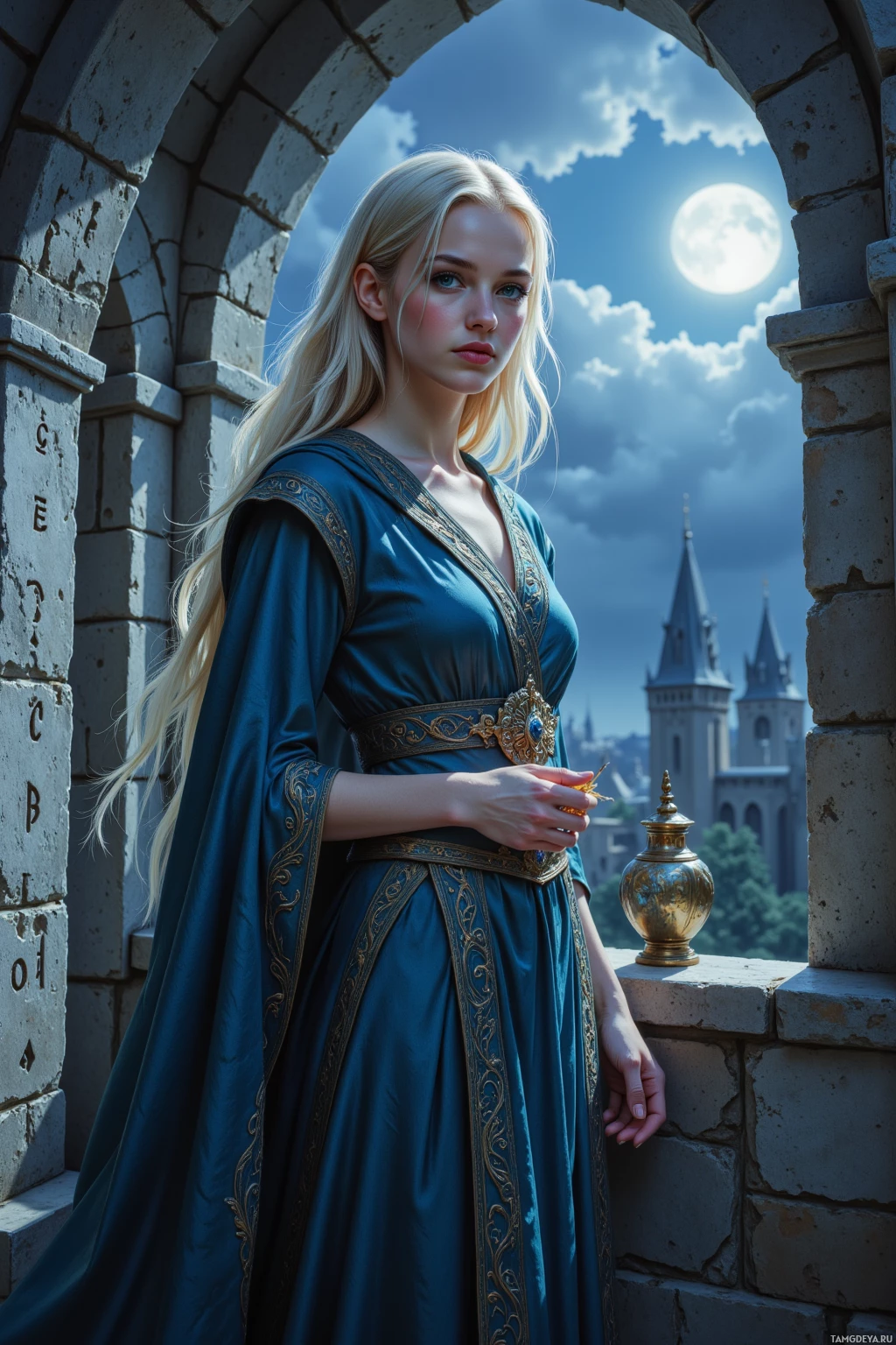 A woman in a blue medieval-style dress stands by a stone archway, gazing into the distance.