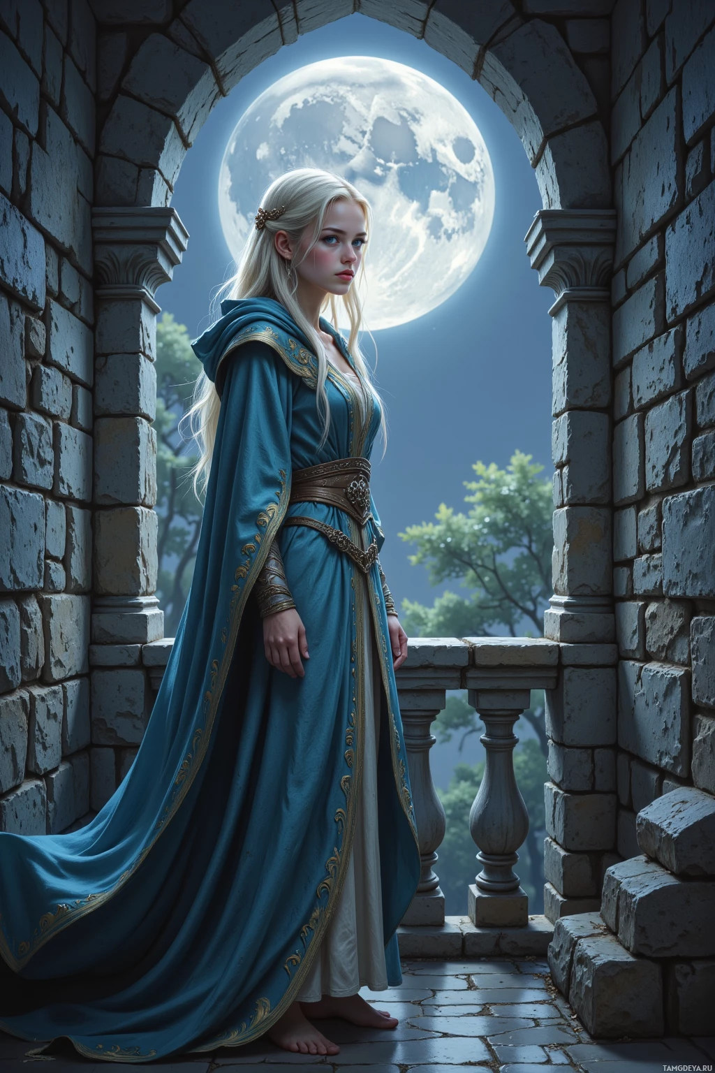 A woman in a blue robe stands on a stone balcony under a full moon.