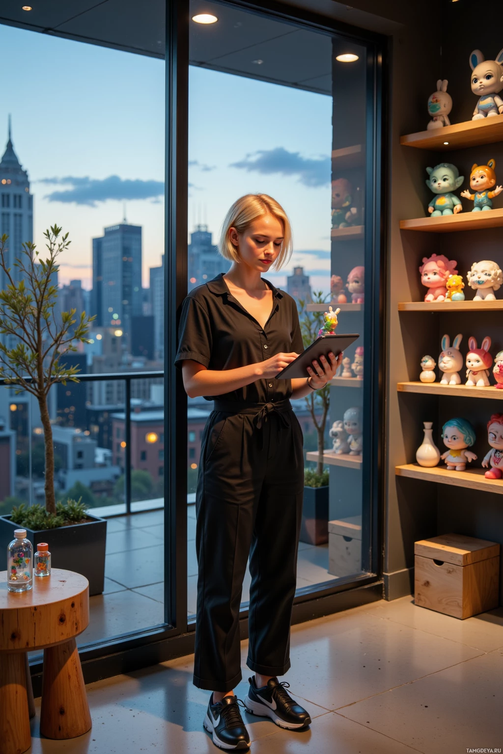 A woman stands indoors, looking at a tablet, with a cityscape visible through large windows and shelves of toys to her right.
