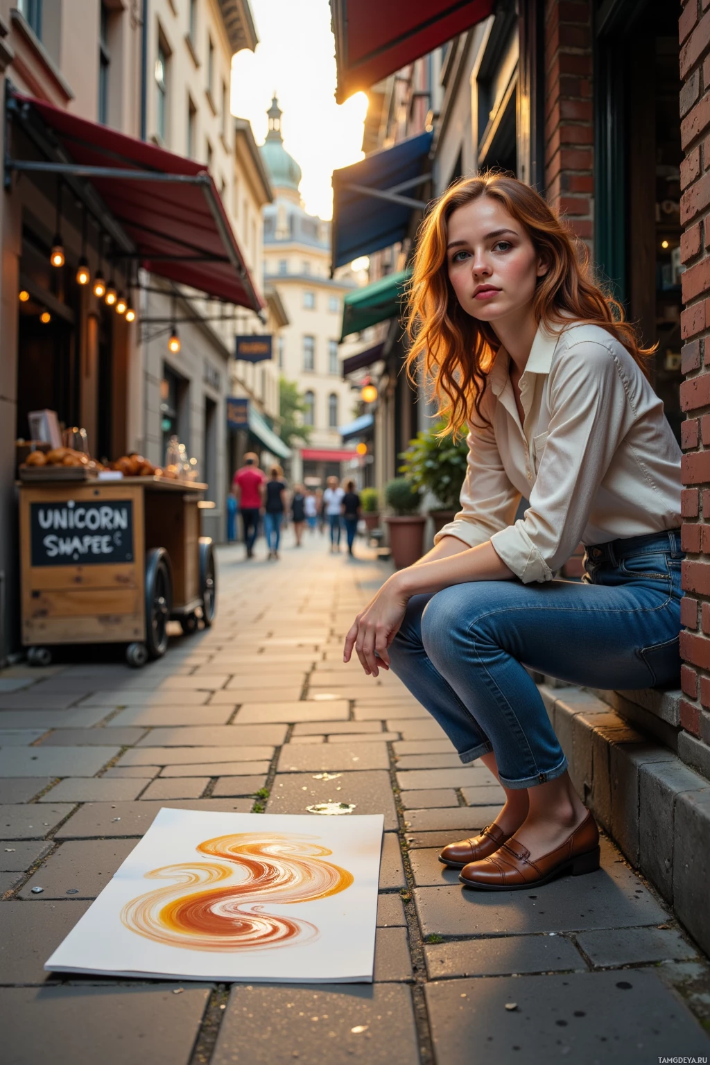 A woman sits on a ledge in a street scene, leaning against a brick wall, with a colorful abstract painting on the ground in front of her.