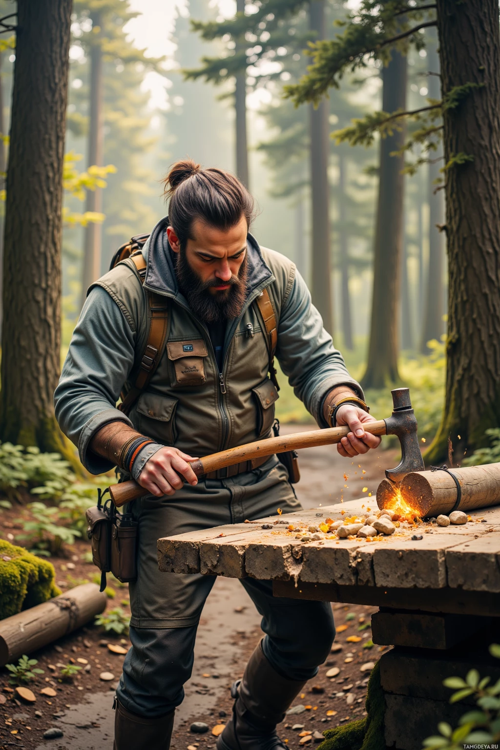 A man in a forest setting is chopping wood with an axe.