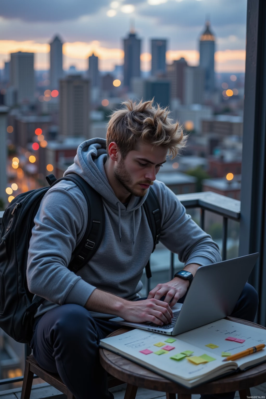 A person sits on a rooftop, working on a laptop with a cityscape in the background.
