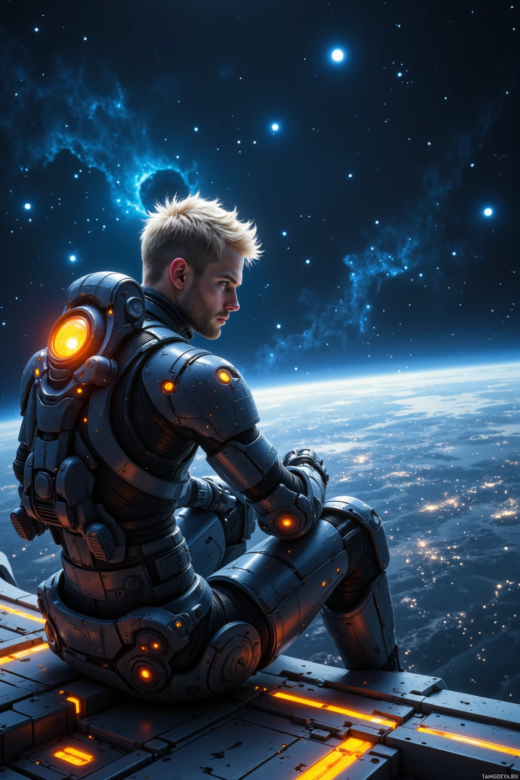 A futuristic astronaut in a space suit sits contemplatively on a platform, gazing at a starry, nebula-filled cosmos.