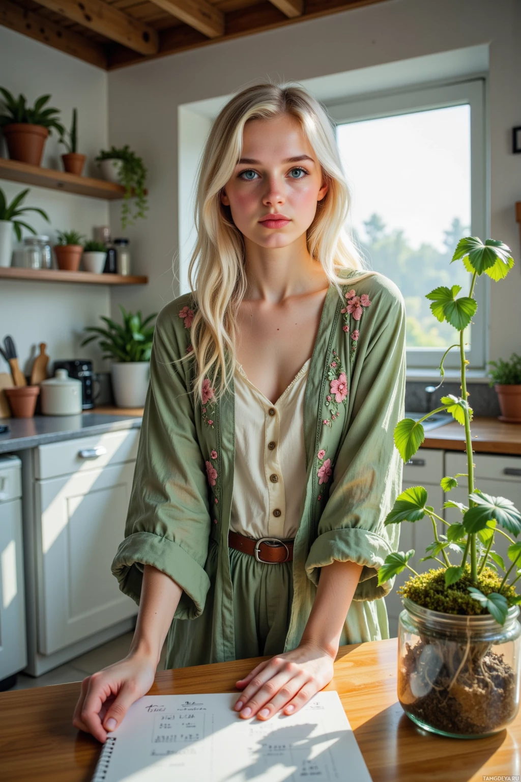 A woman stands in a kitchen, leaning on a table with a notebook, wearing a green floral cardigan and a white blouse.