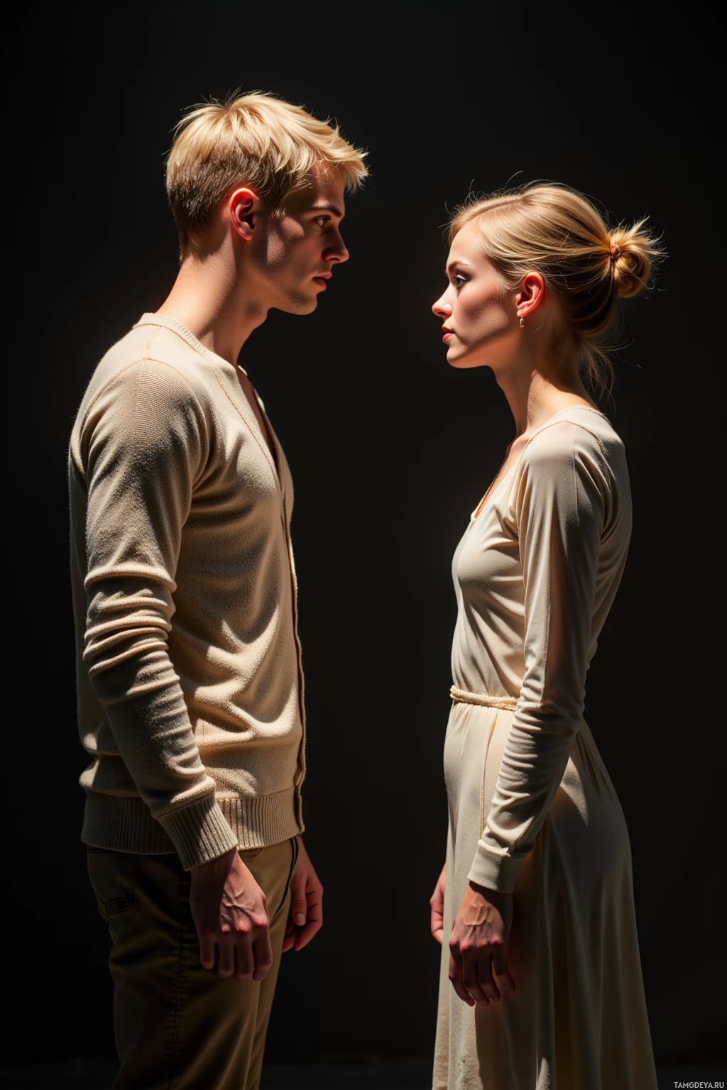 A man and a woman stand facing each other against a dark background.