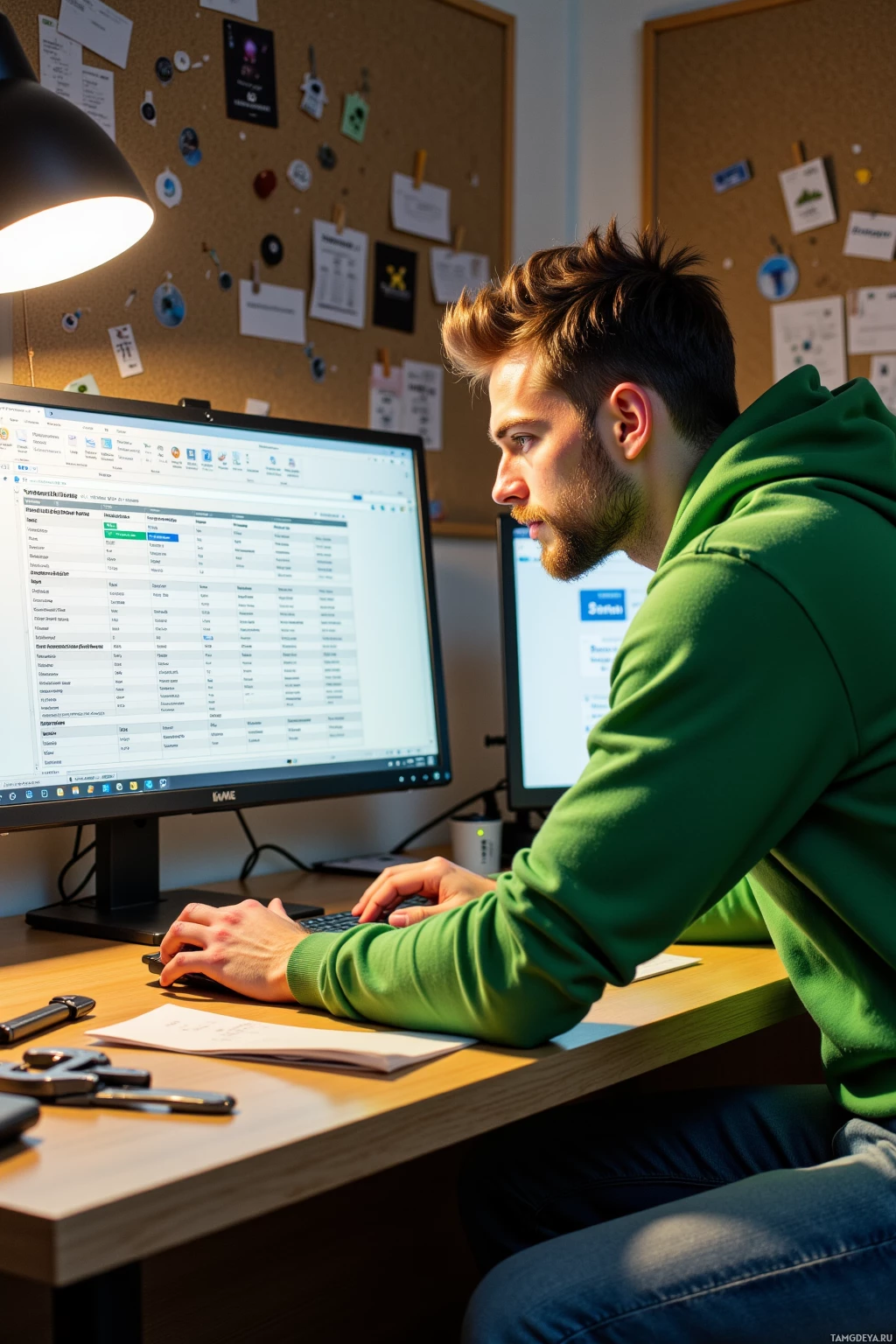 A person in a green hoodie works at a desk with a computer, surrounded by pinned notes on a corkboard.