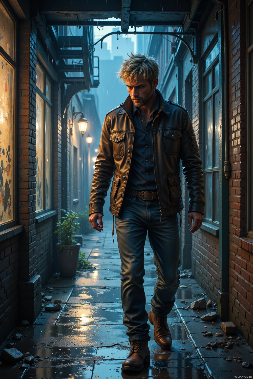 A man in a leather jacket walks through a rainy alleyway.