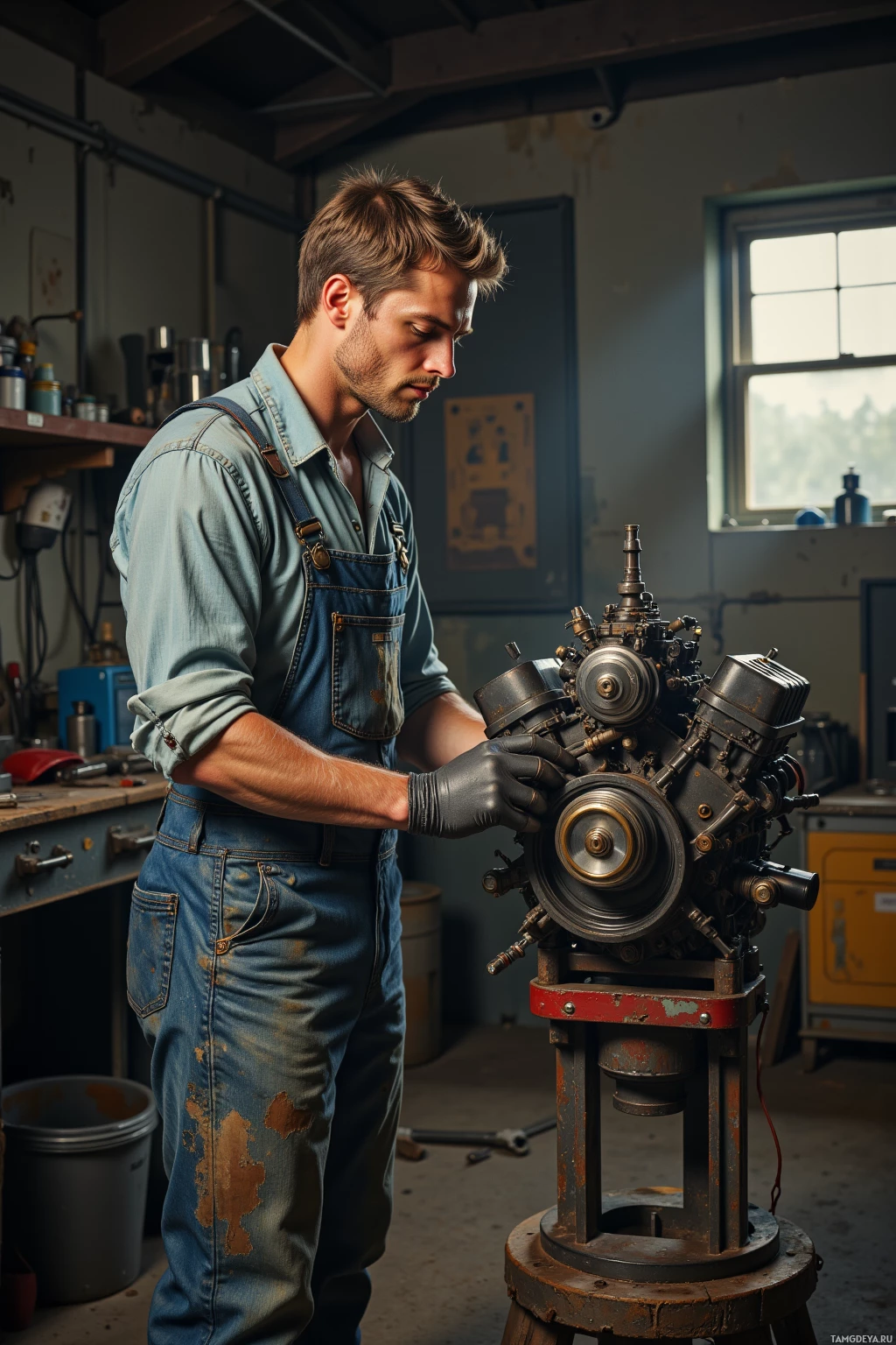 A man in a workshop wearing overalls and gloves works on a mechanical engine.