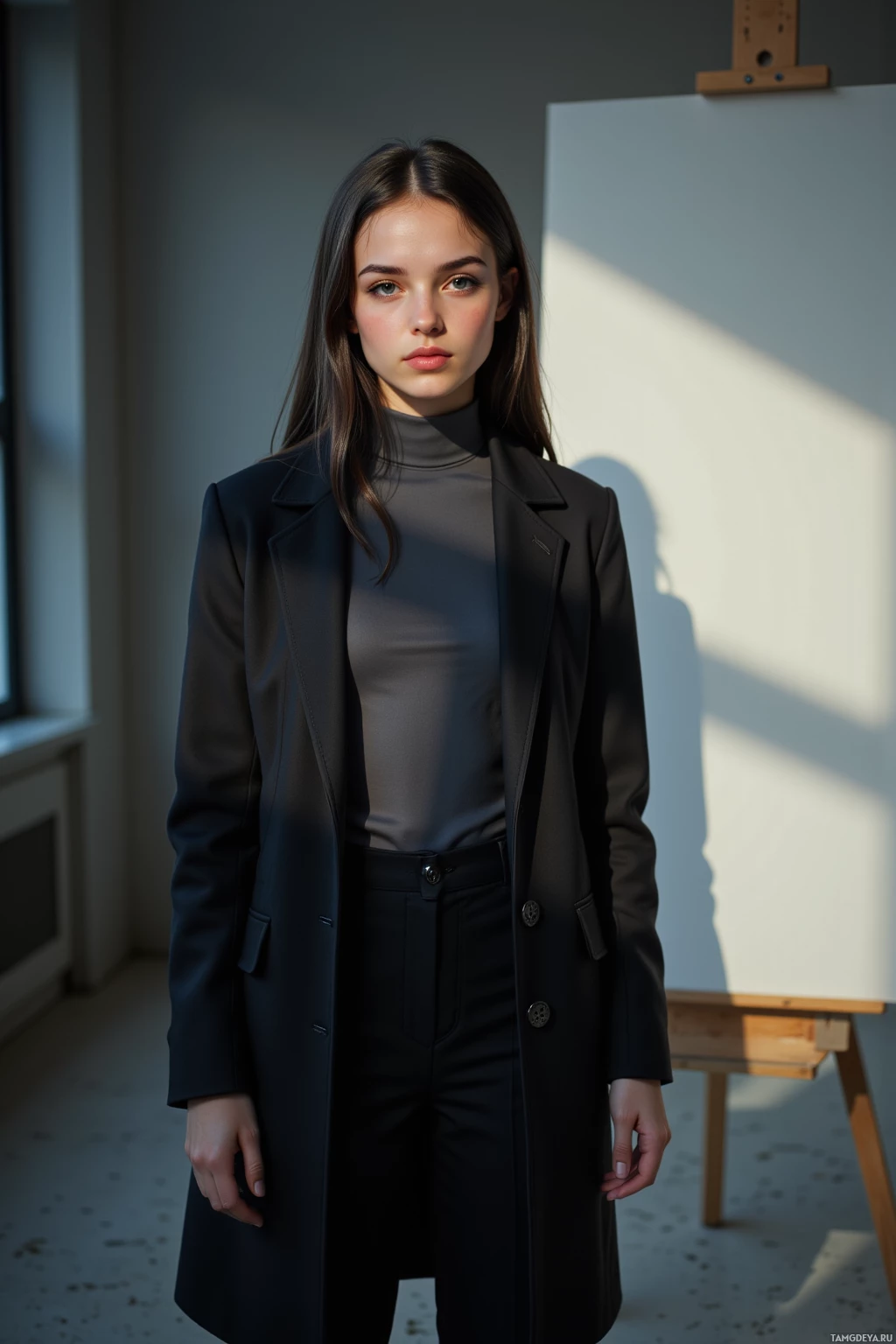 A person stands in a room wearing a black coat and pants, with a white canvas and easel in the background.